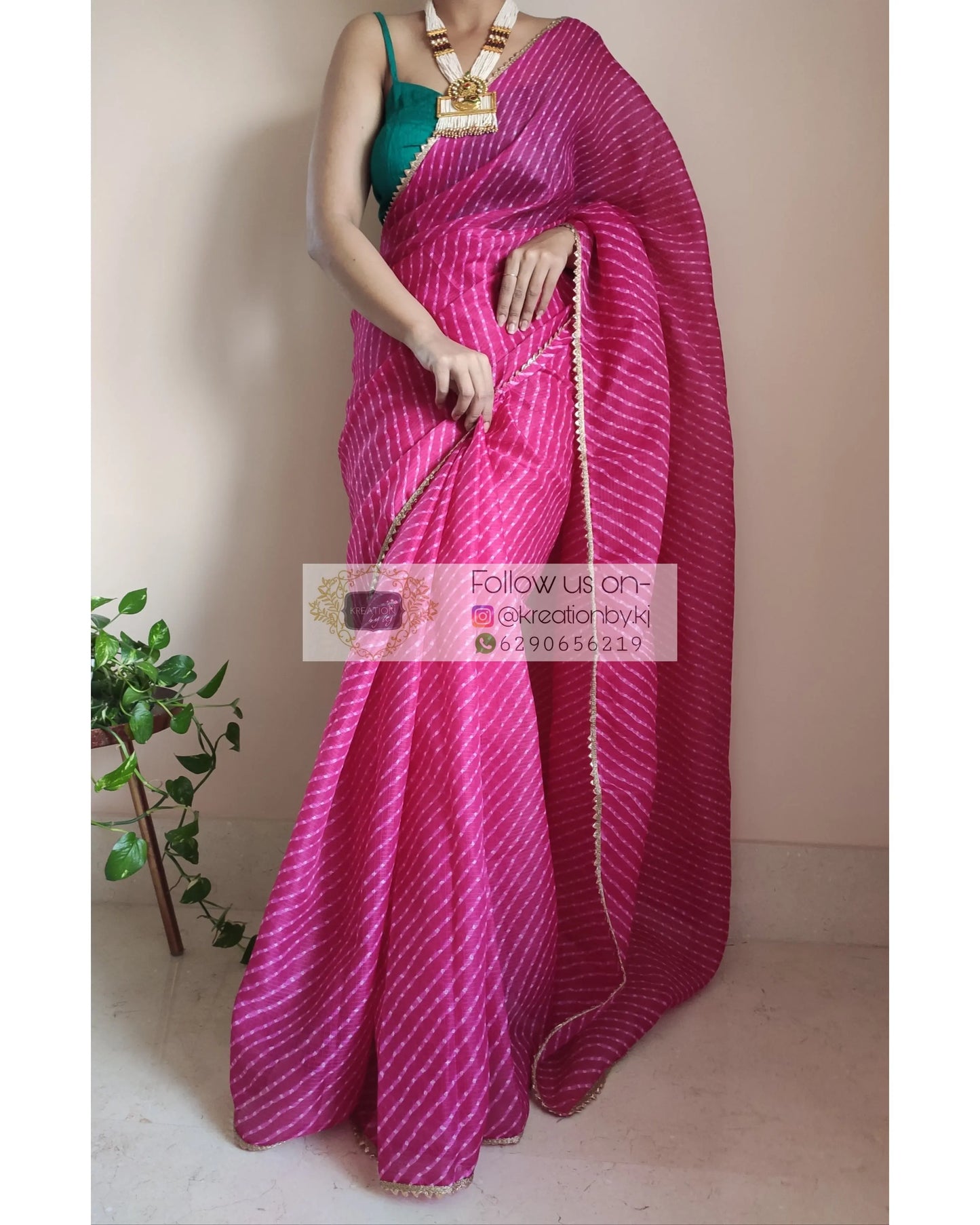 Hot Pink Leheriya Kota Silk Saree - kreationbykj