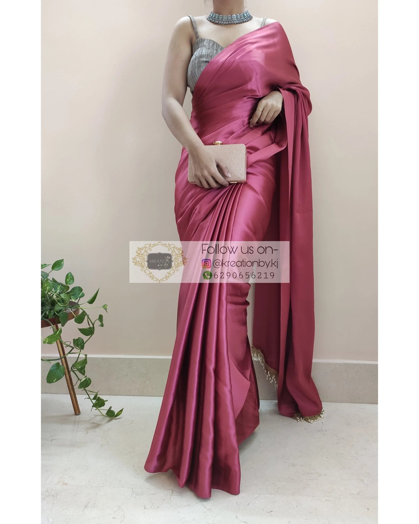 Rose Pink Satin Silk Saree With Handmade Tassels On Pallu - kreationbykj