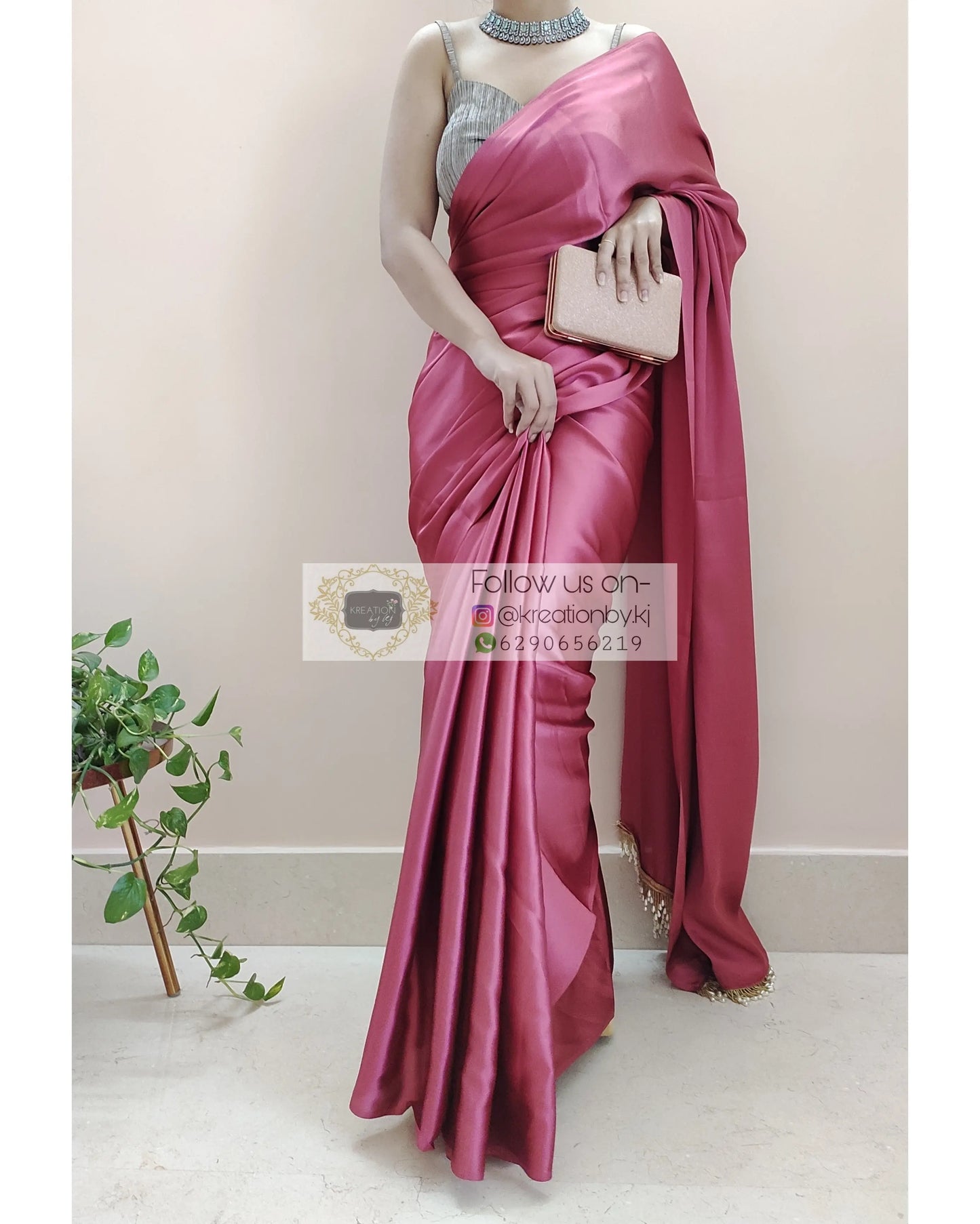 Rose Pink Satin Silk Saree With Handmade Tassels On Pallu - kreationbykj