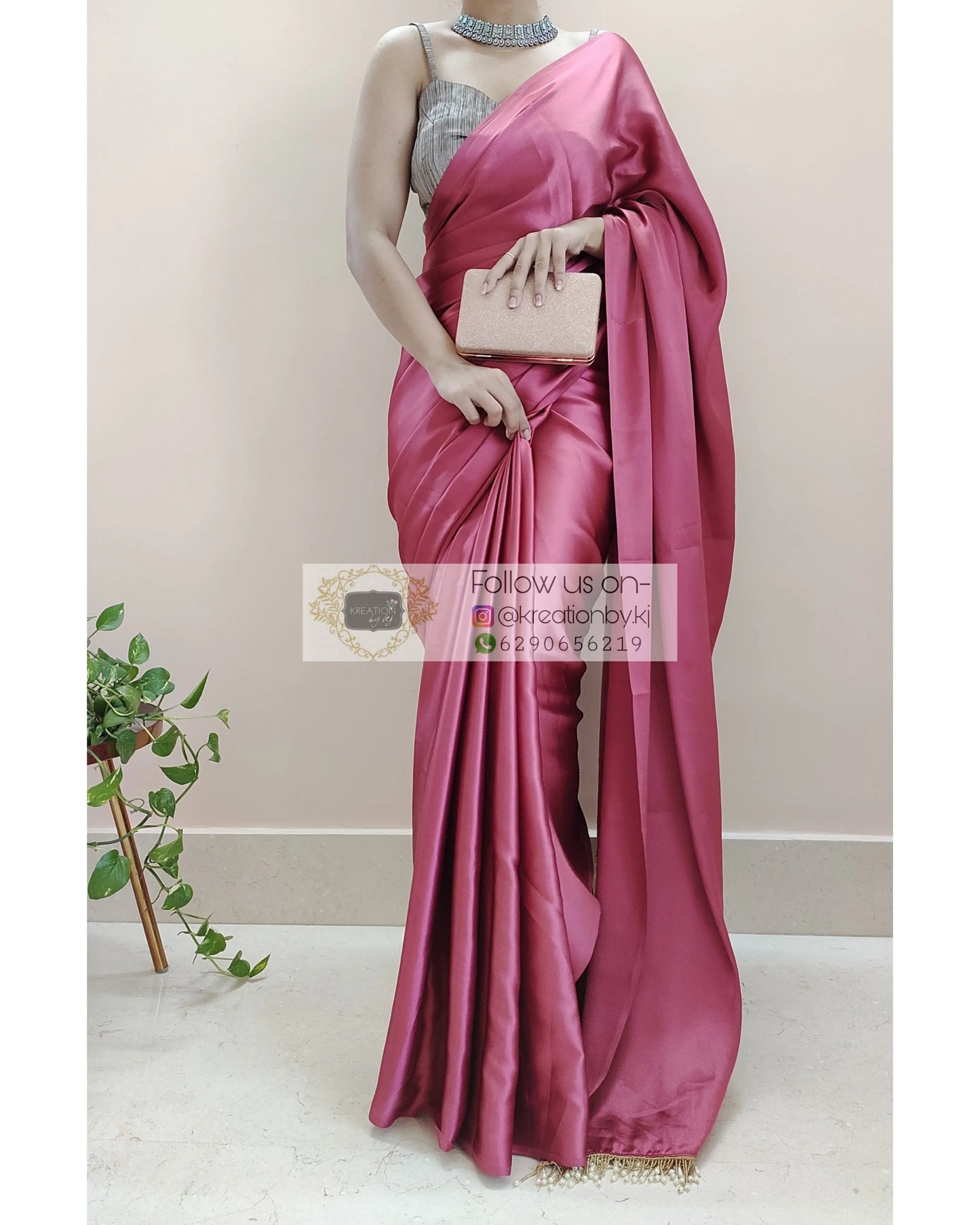 Rose Pink Satin Silk Saree With Handmade Tassels On Pallu - kreationbykj