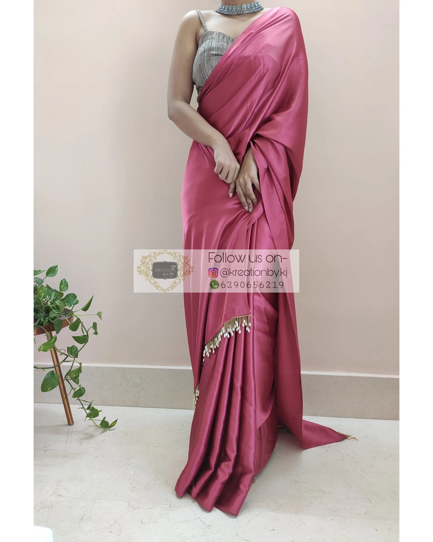Rose Pink Satin Silk Saree With Handmade Tassels On Pallu - kreationbykj