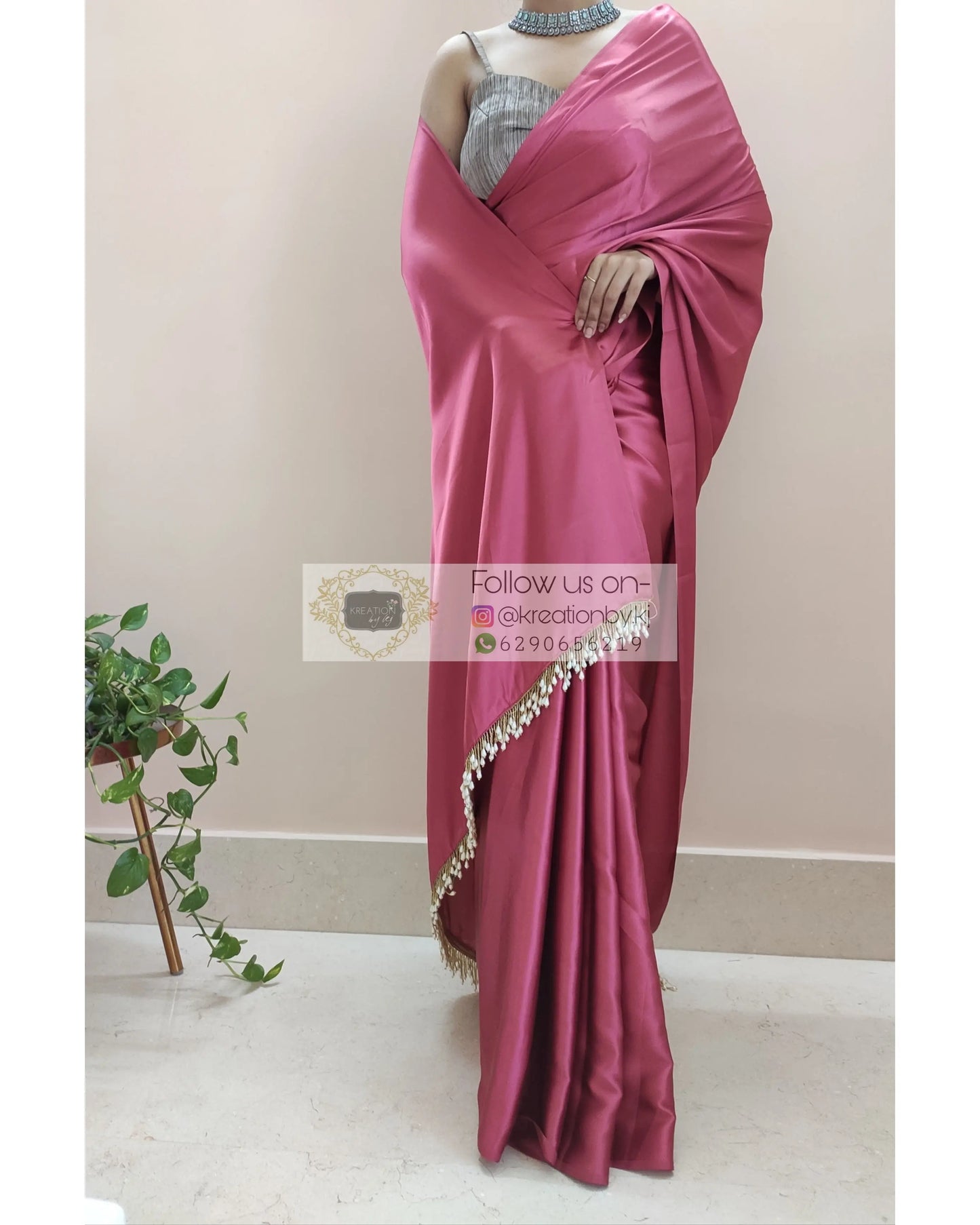 Rose Pink Satin Silk Saree With Handmade Tassels On Pallu - kreationbykj