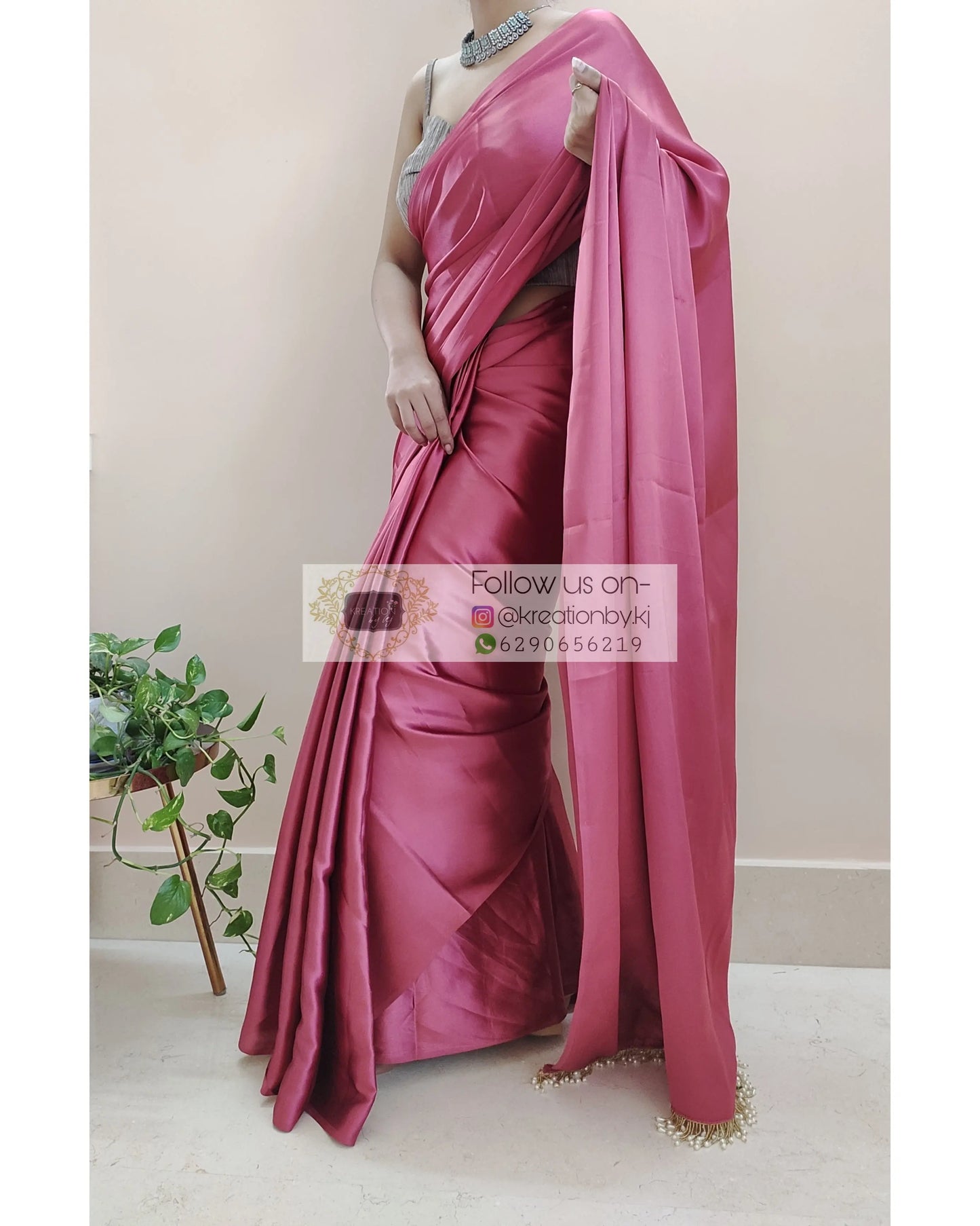 Rose Pink Satin Silk Saree With Handmade Tassels On Pallu - kreationbykj