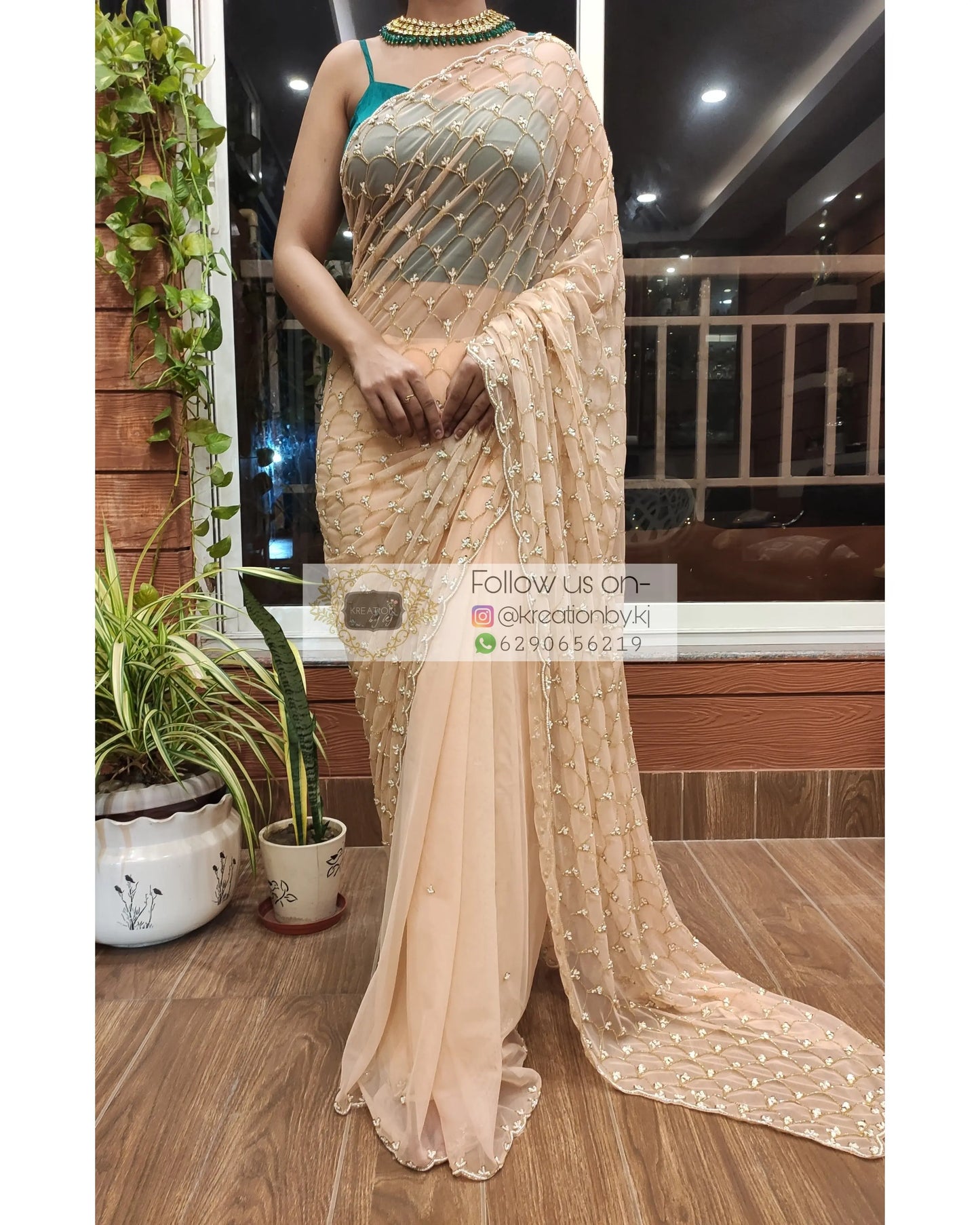 Peach Cutadana Mehraab Jaal Saree - kreationbykj