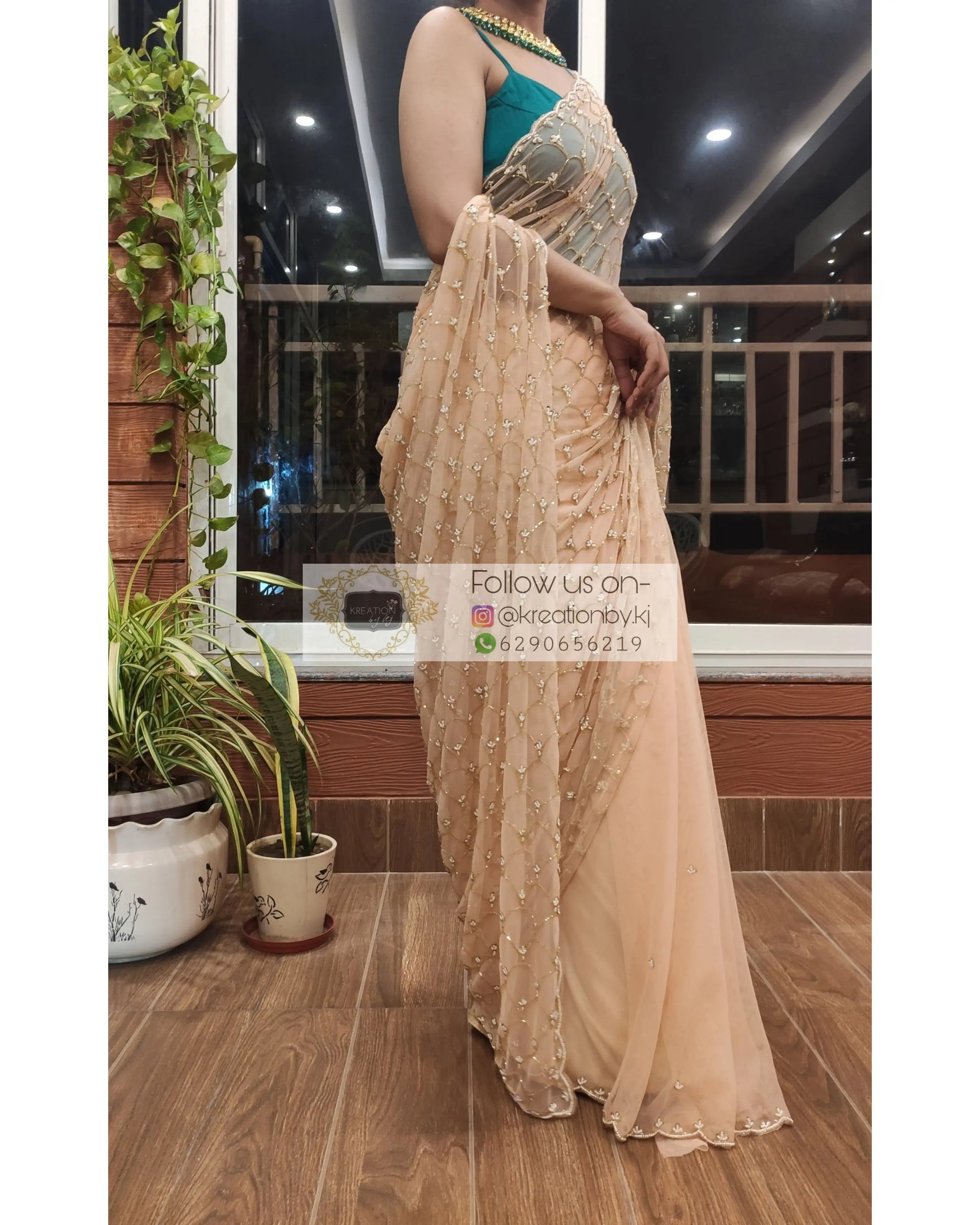 Peach Cutadana Mehraab Jaal Saree - kreationbykj