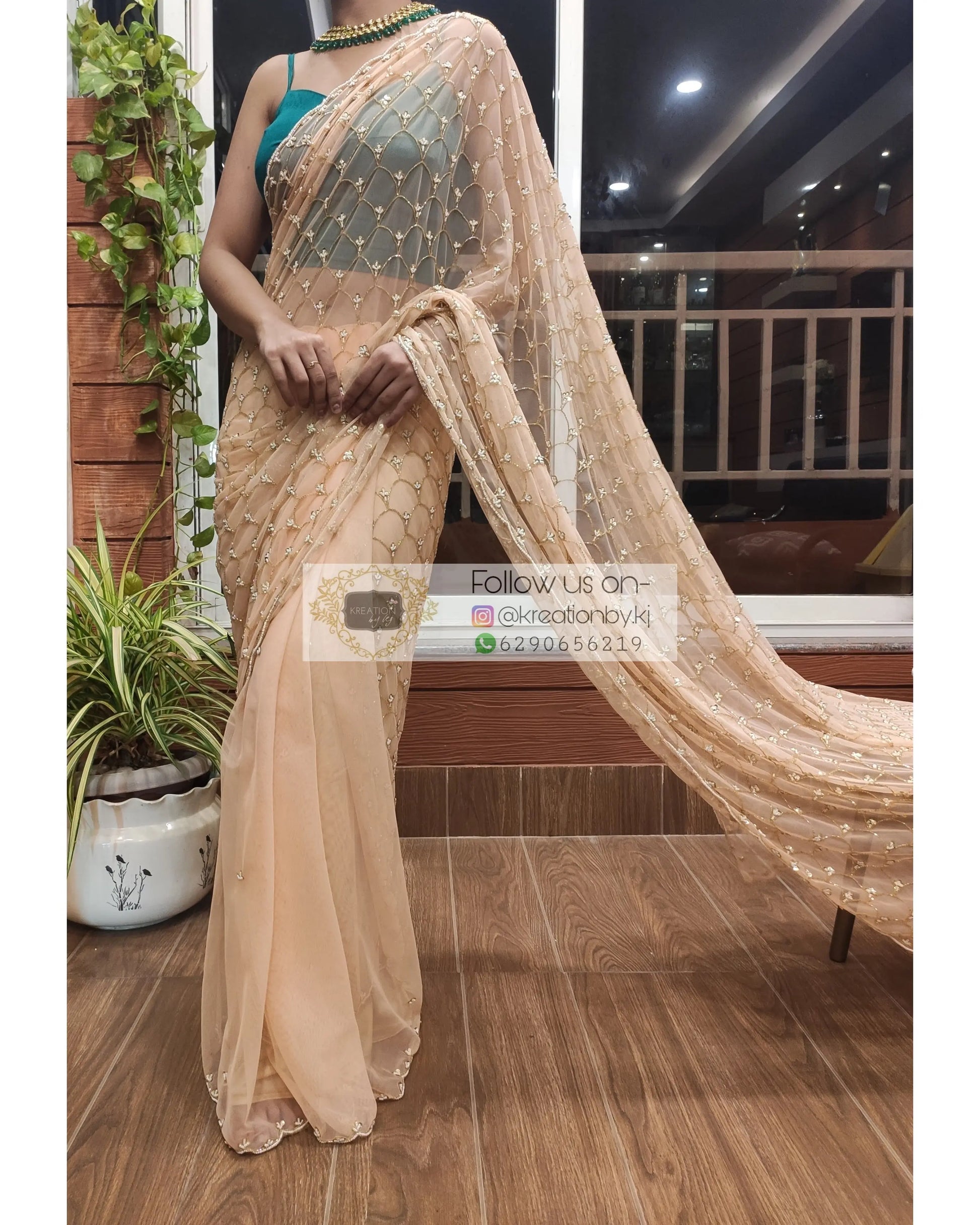 Peach Cutadana Mehraab Jaal Saree - kreationbykj