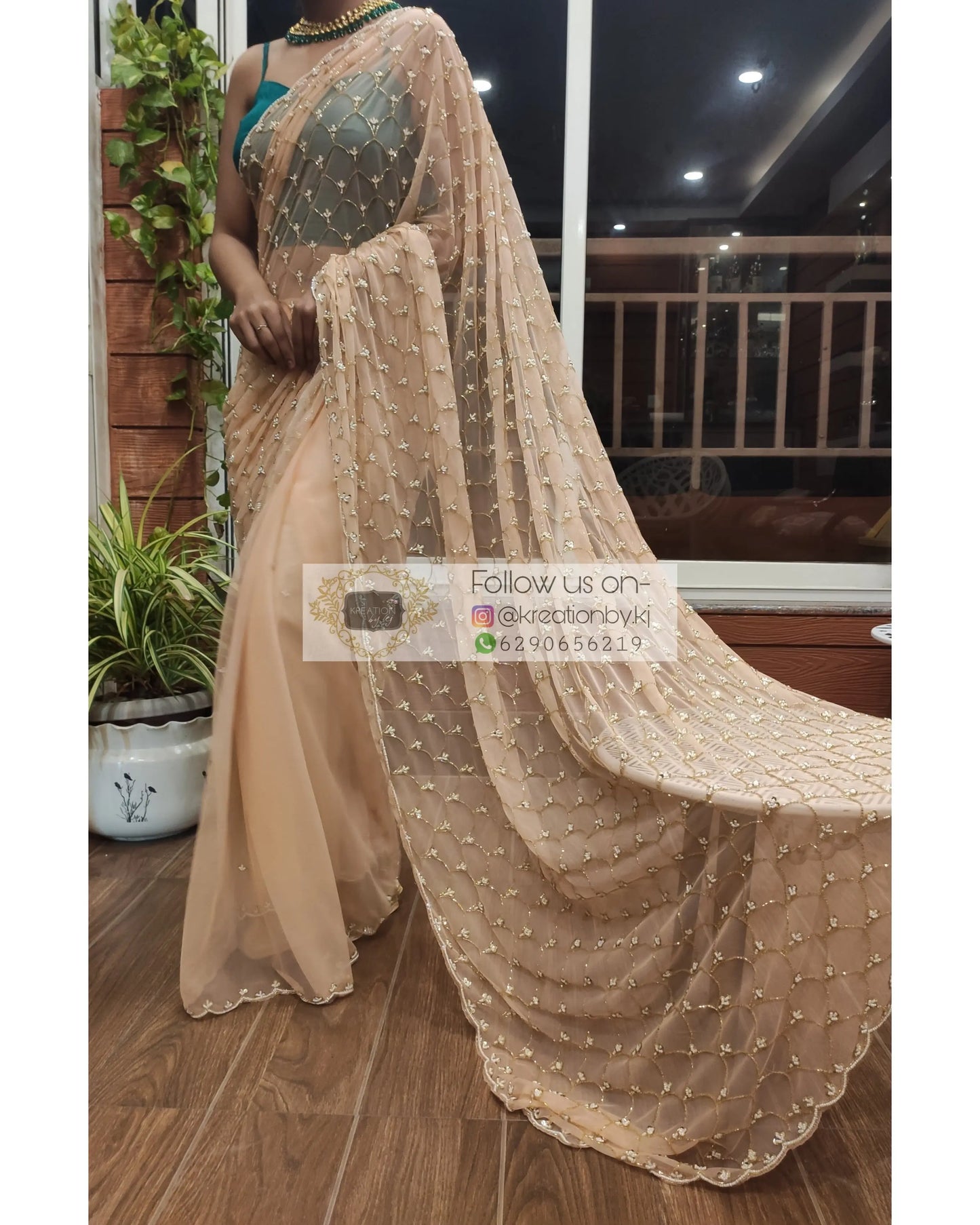 Peach Cutadana Mehraab Jaal Saree - kreationbykj