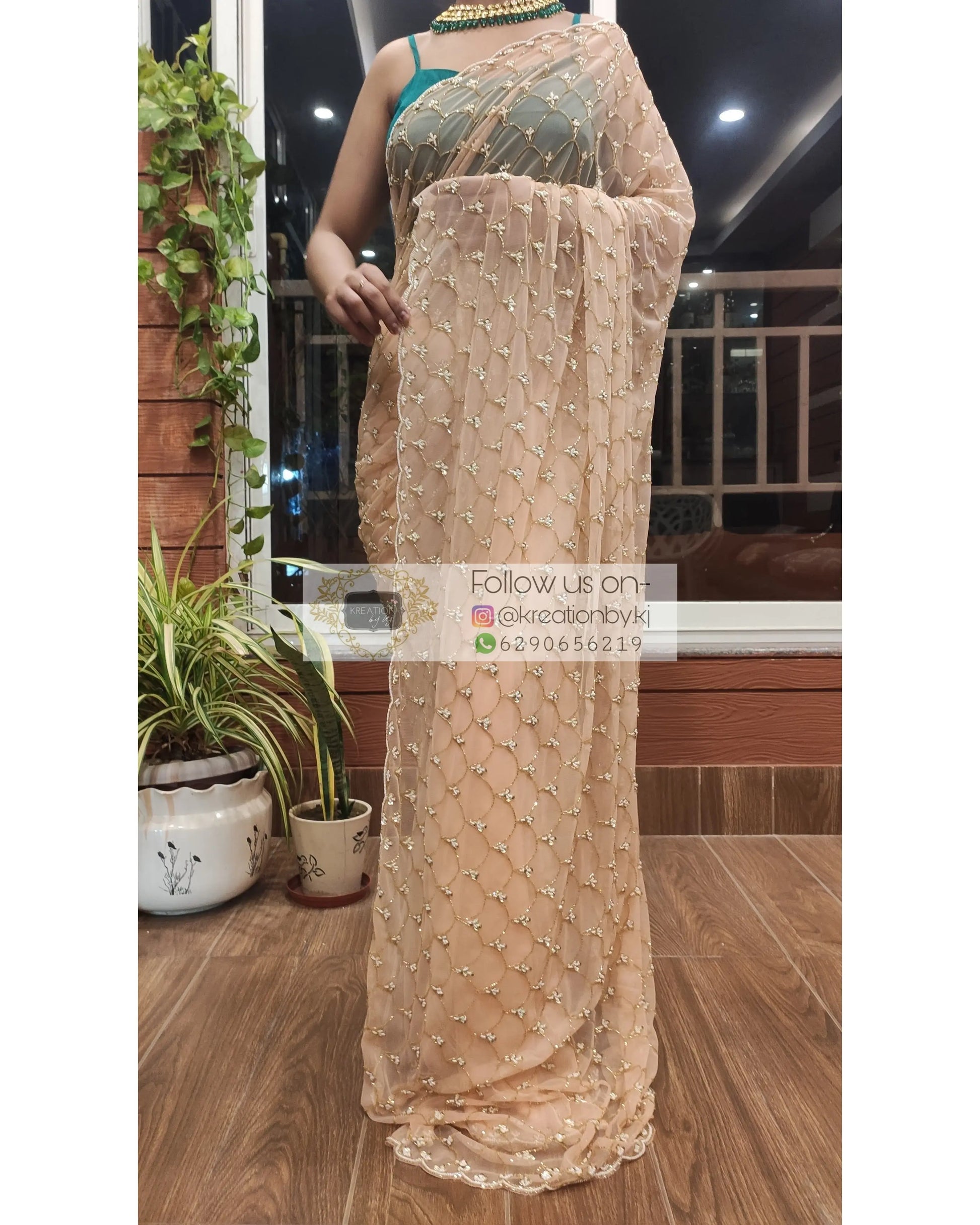 Peach Cutadana Mehraab Jaal Saree - kreationbykj