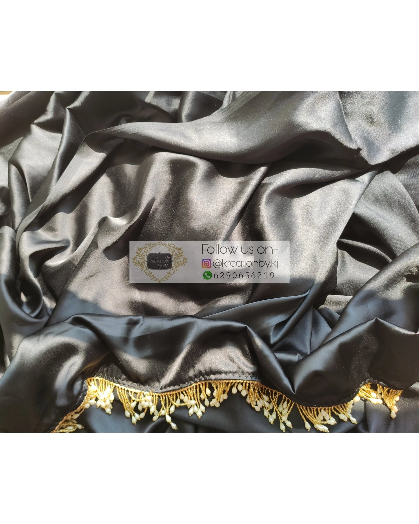 Black Satin Silk Saree With Handmade Tassels On Pallu - kreationbykj