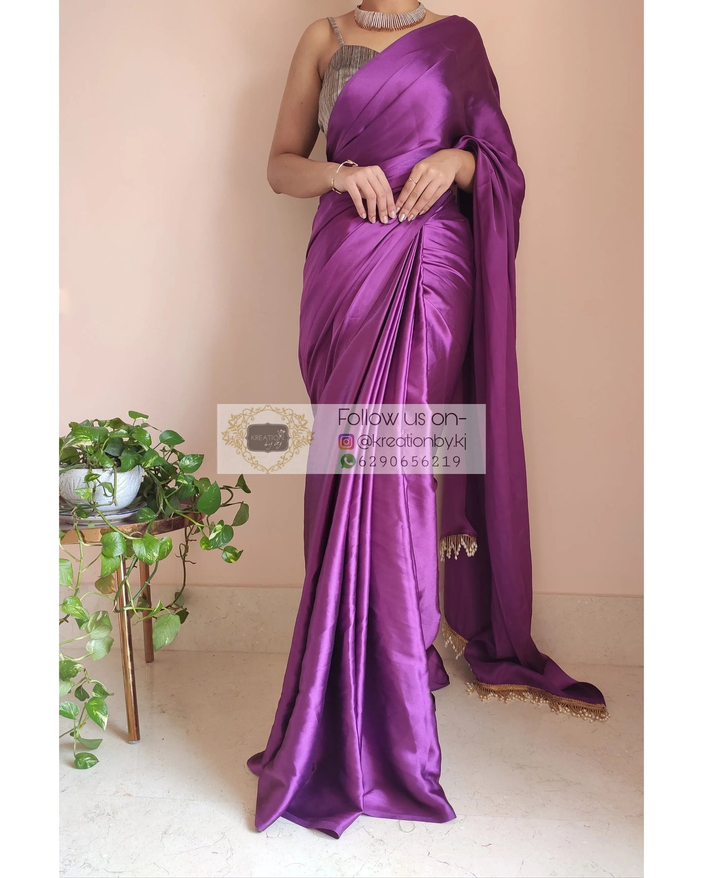 Dark Purple Satin Silk Saree With Handmade Tassels On Pallu - kreationbykj