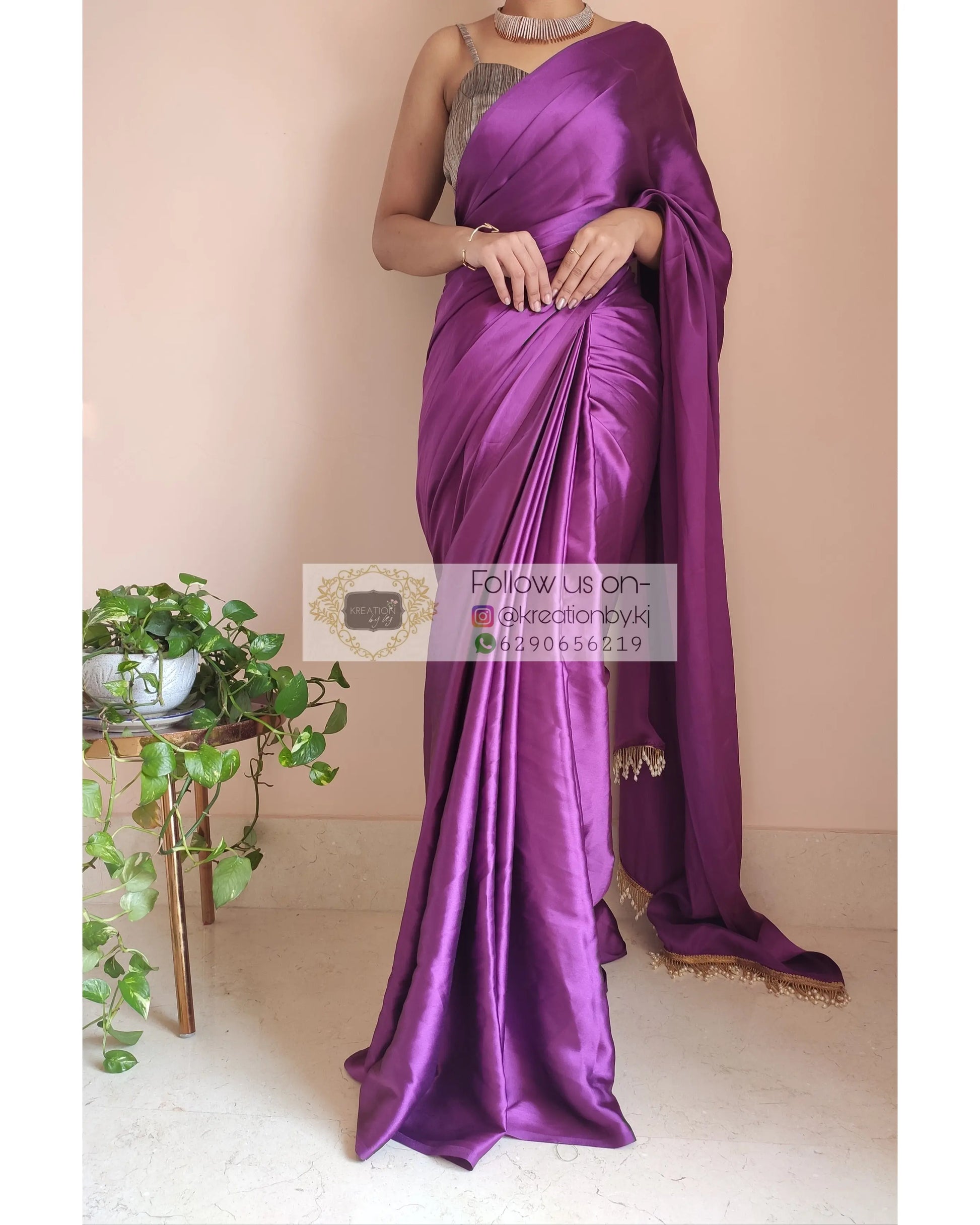 Dark Purple Satin Silk Saree With Handmade Tassels On Pallu - kreationbykj