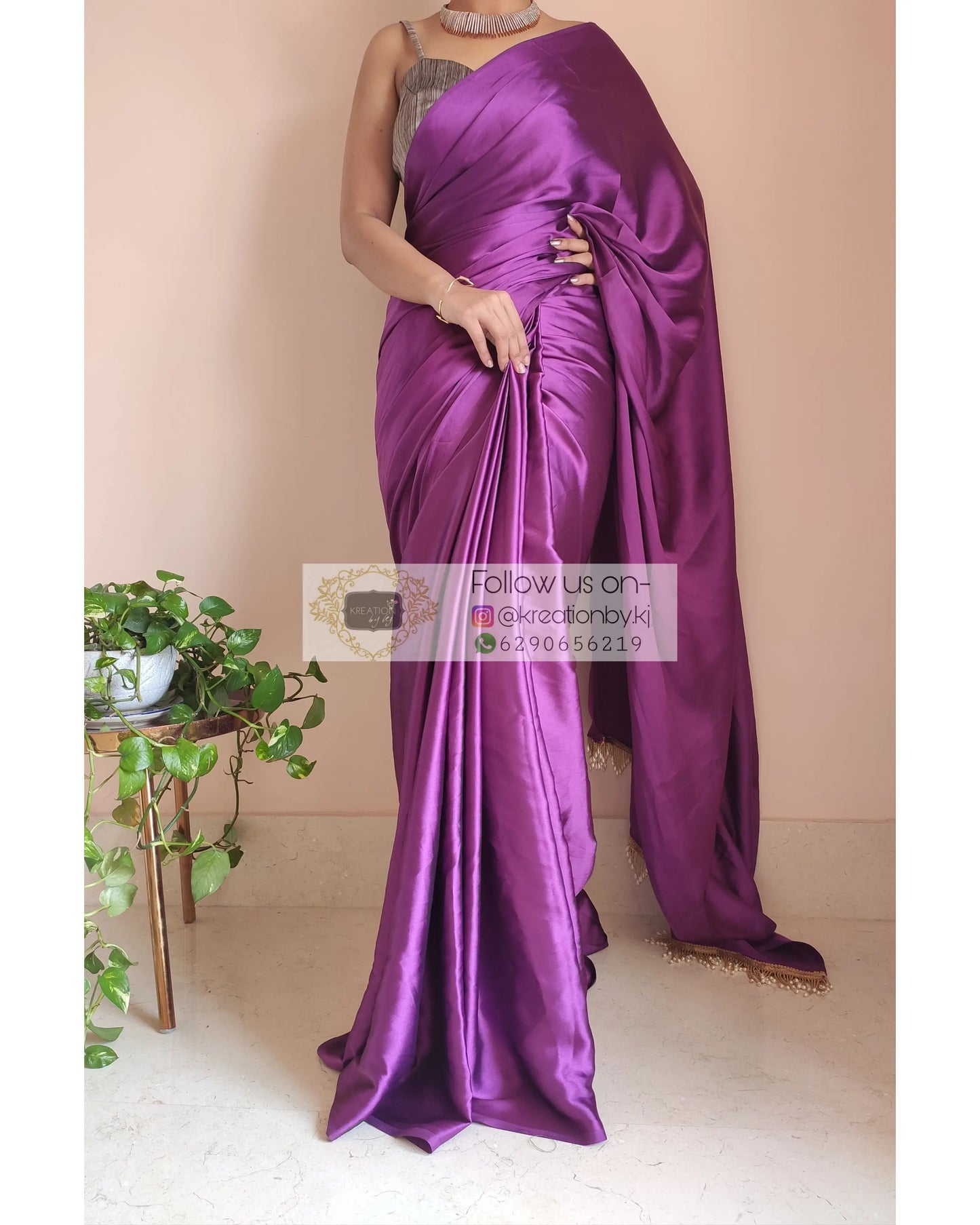 Dark Purple Satin Silk Saree With Handmade Tassels On Pallu - kreationbykj