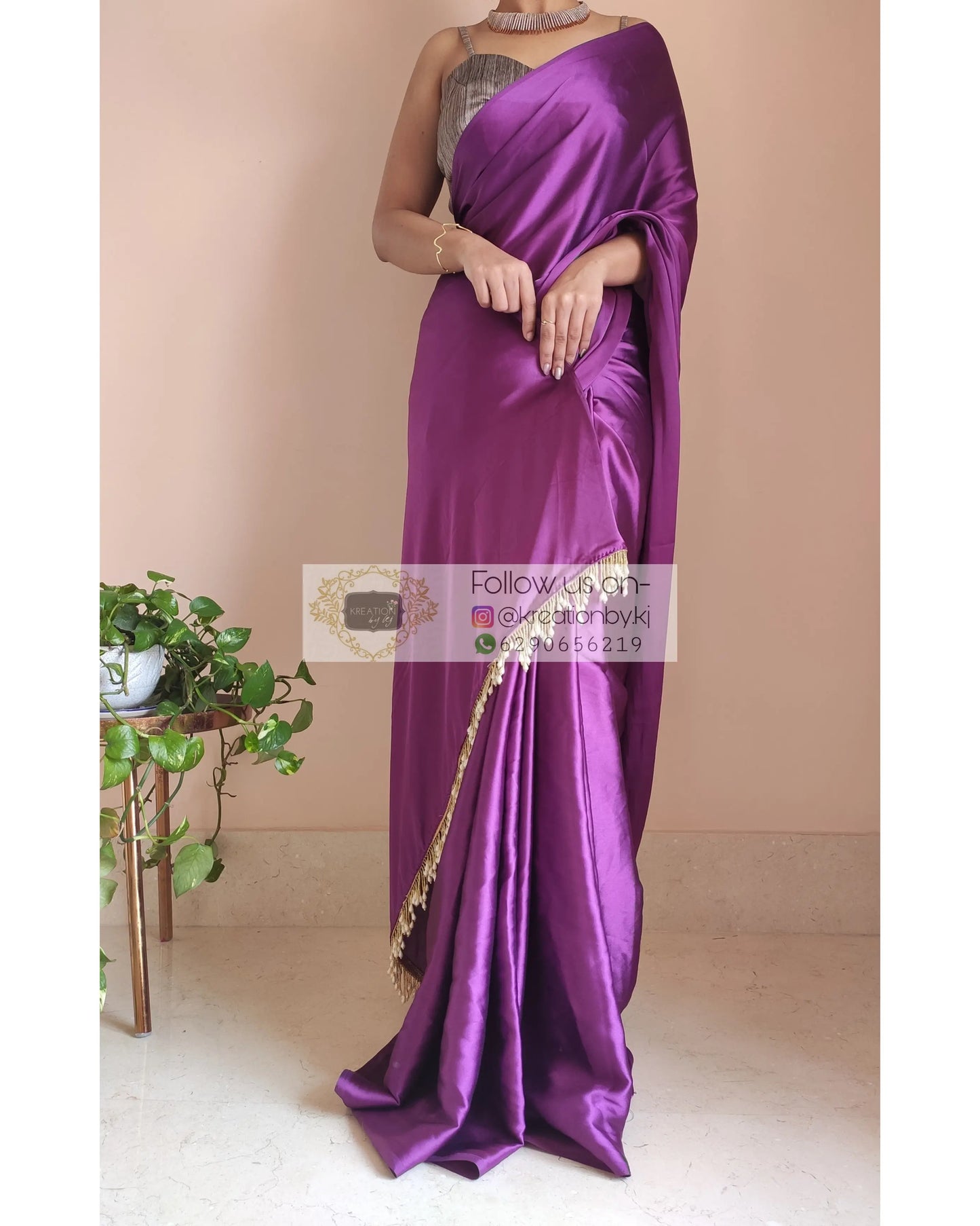 Dark Purple Satin Silk Saree With Handmade Tassels On Pallu - kreationbykj