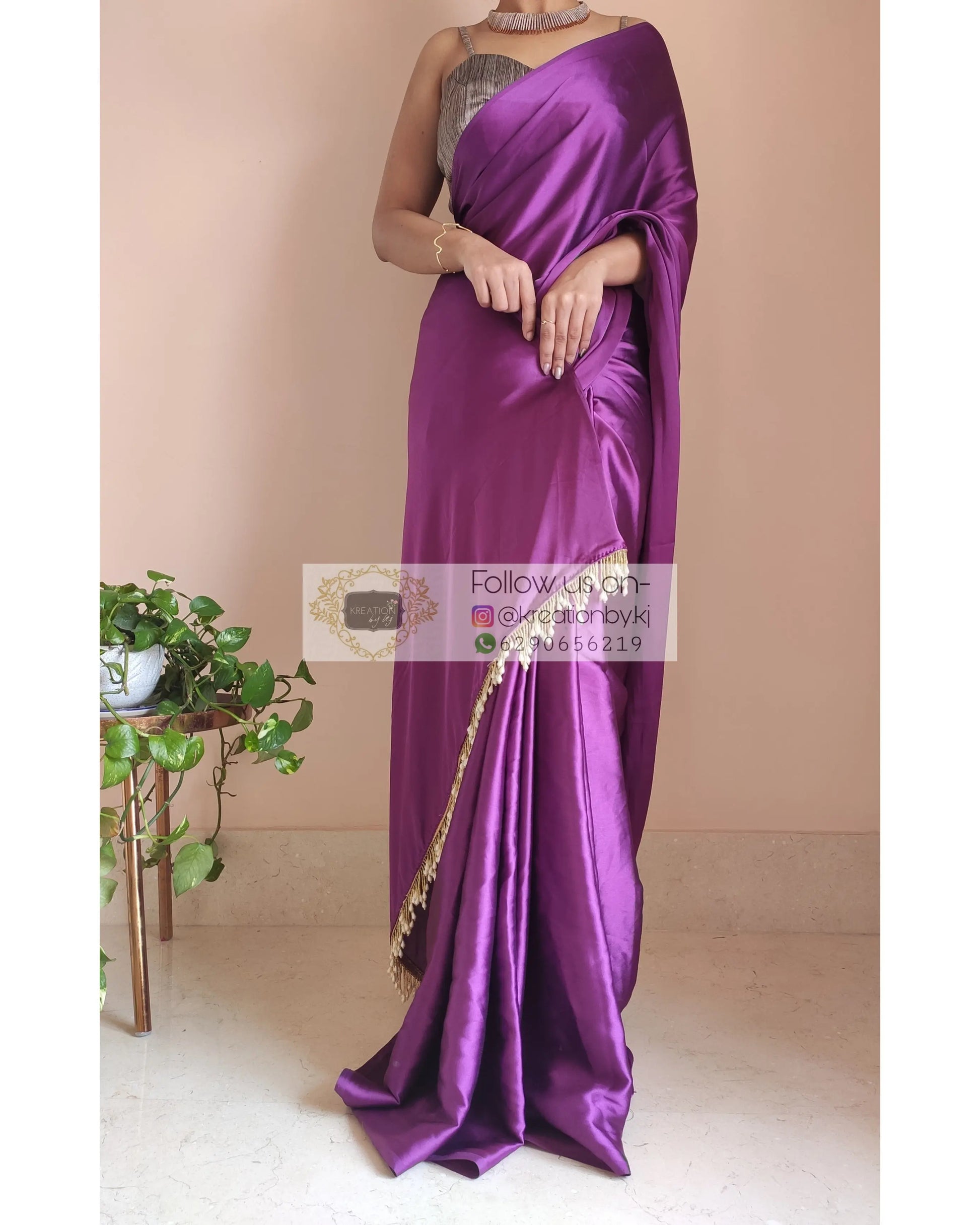 Dark Purple Satin Silk Saree With Handmade Tassels On Pallu - kreationbykj