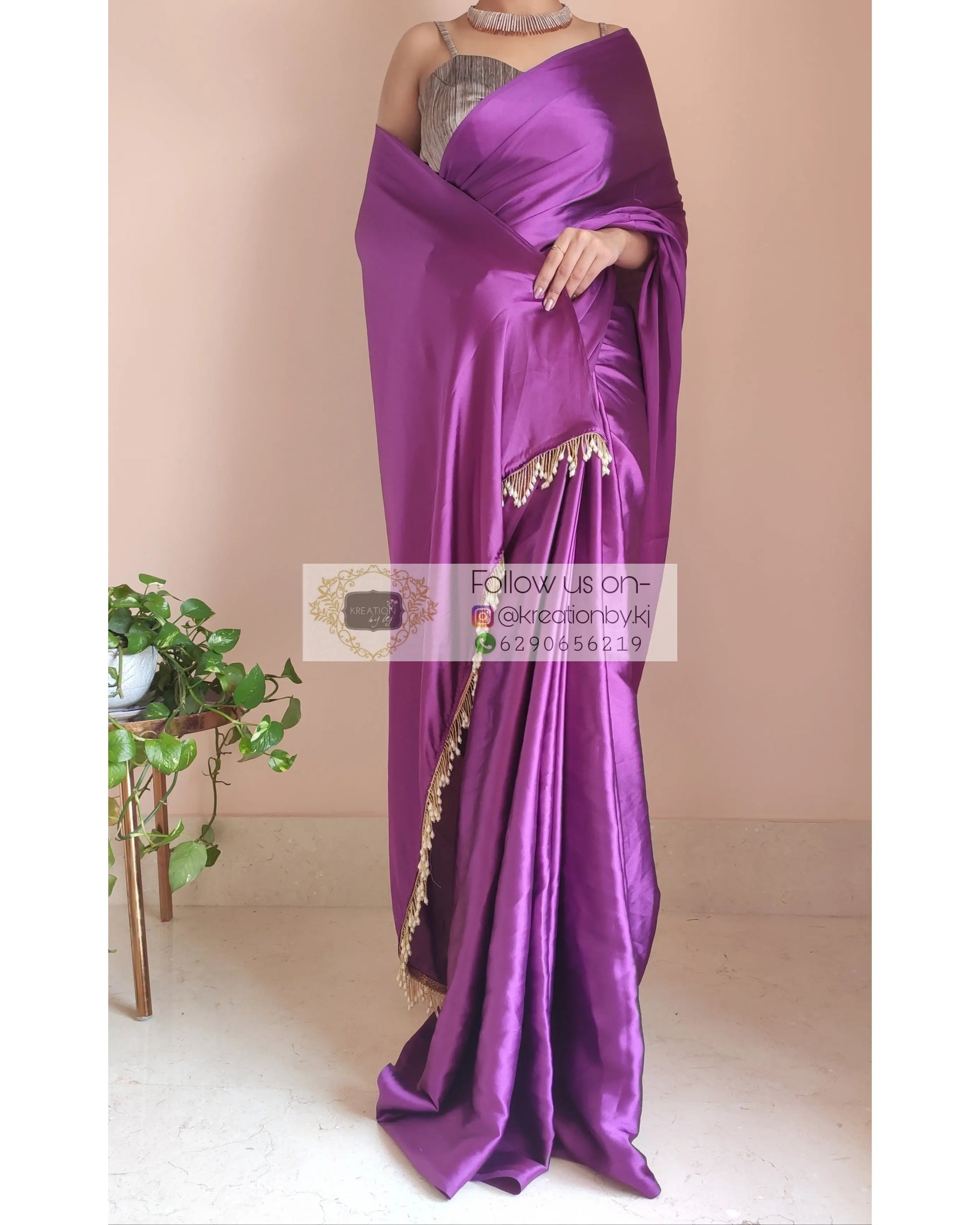 Dark Purple Satin Silk Saree With Handmade Tassels On Pallu - kreationbykj
