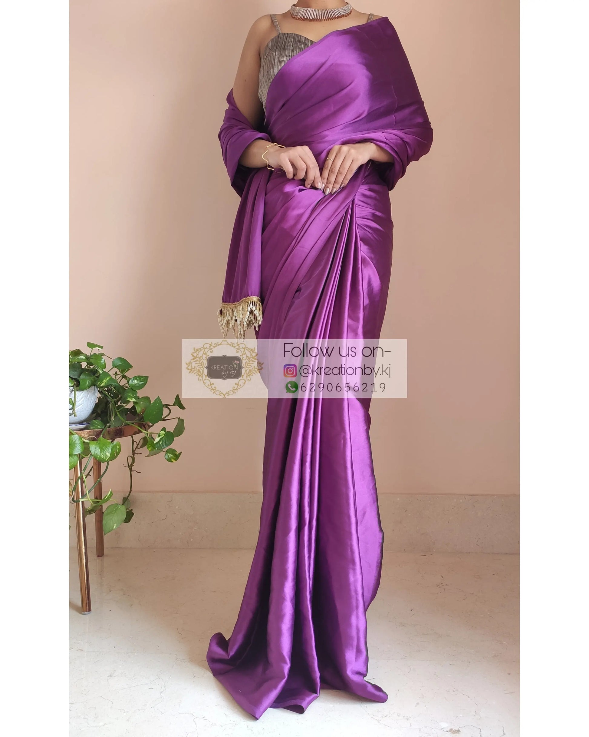 Dark Purple Satin Silk Saree With Handmade Tassels On Pallu - kreationbykj