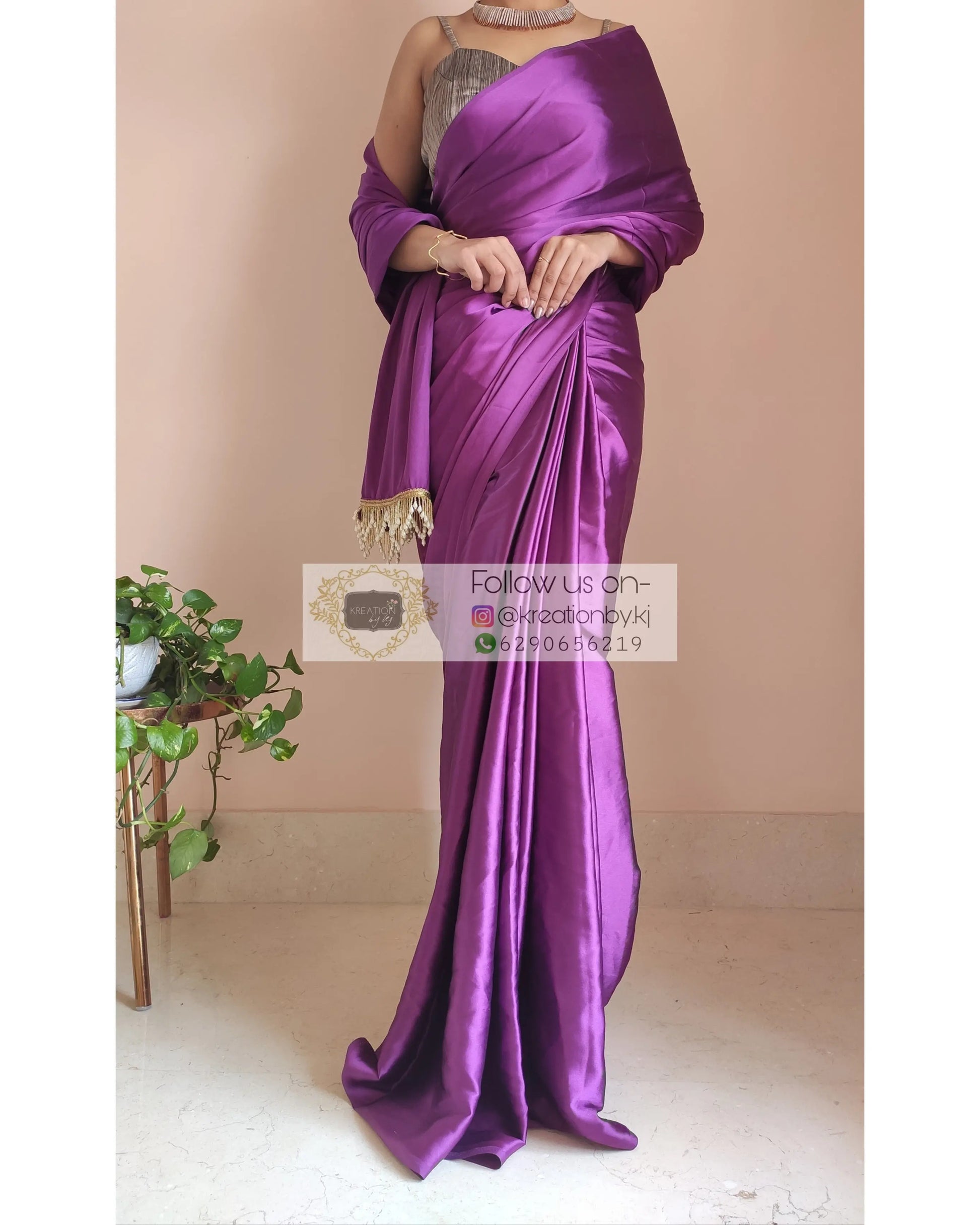 Dark Purple Satin Silk Saree With Handmade Tassels On Pallu - kreationbykj