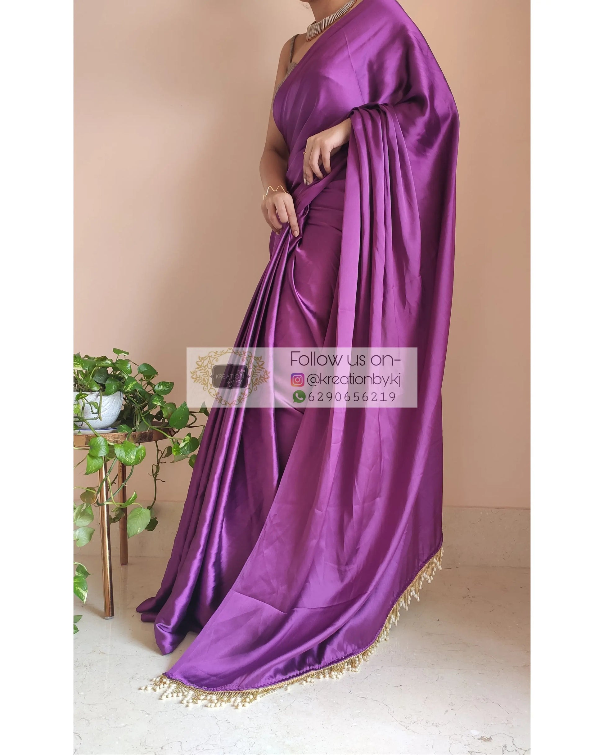 Dark Purple Satin Silk Saree With Handmade Tassels On Pallu - kreationbykj