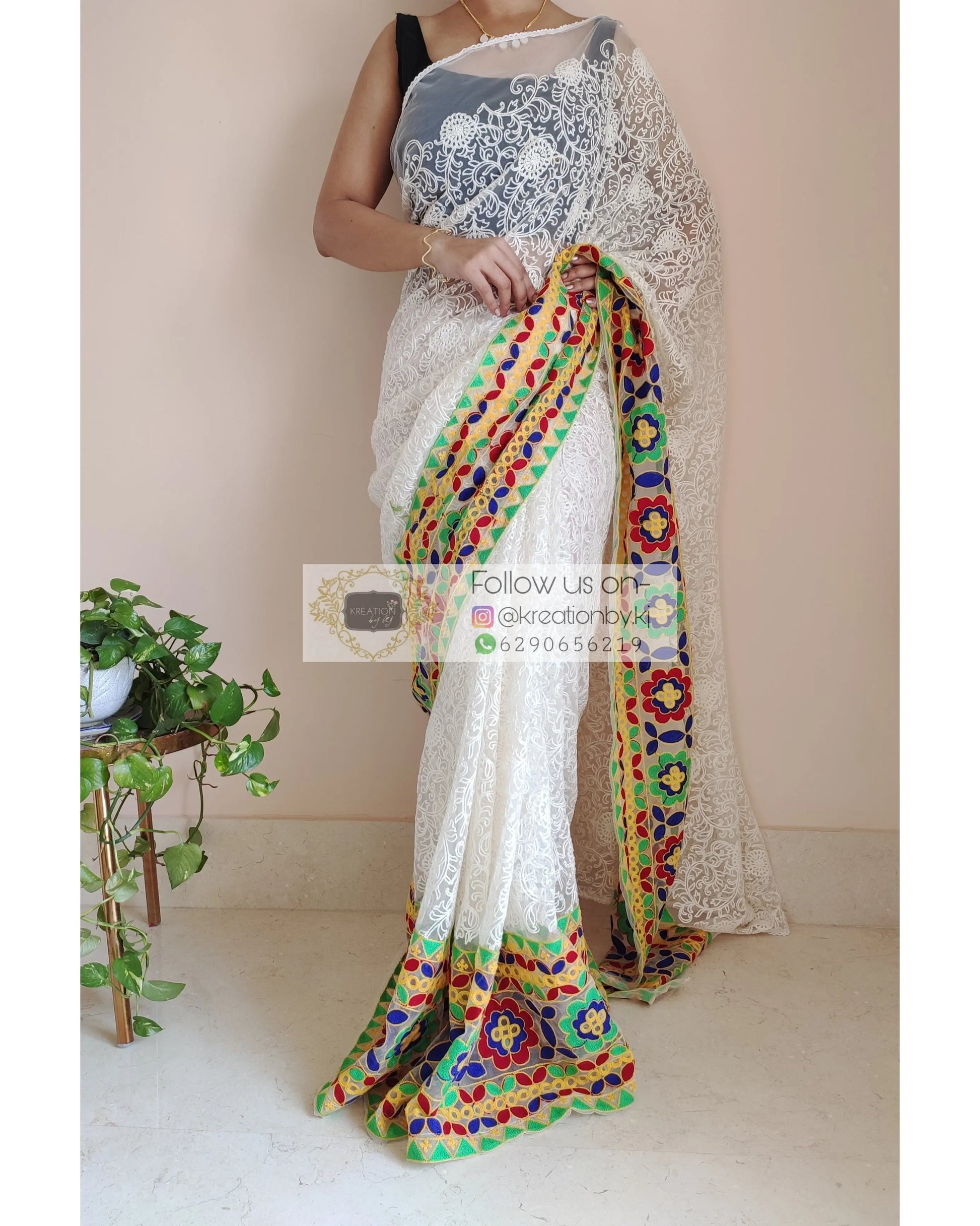 White Net Saree With Multicoloured Border - kreationbykj