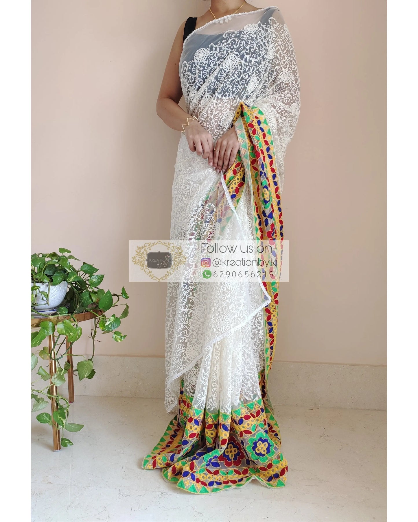 White Net Saree With Multicoloured Border - kreationbykj