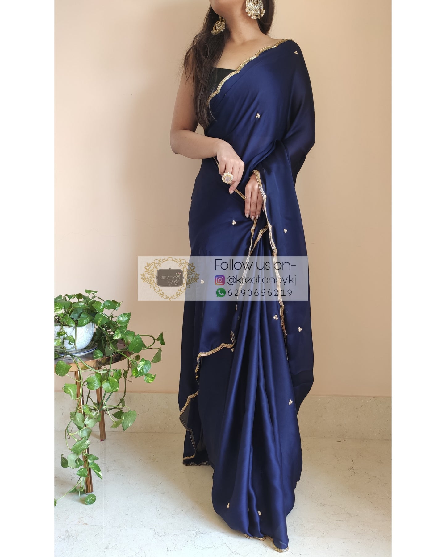 Navy Blue Crepe Silk Saree With Handembroidered Scalloping - kreationbykj