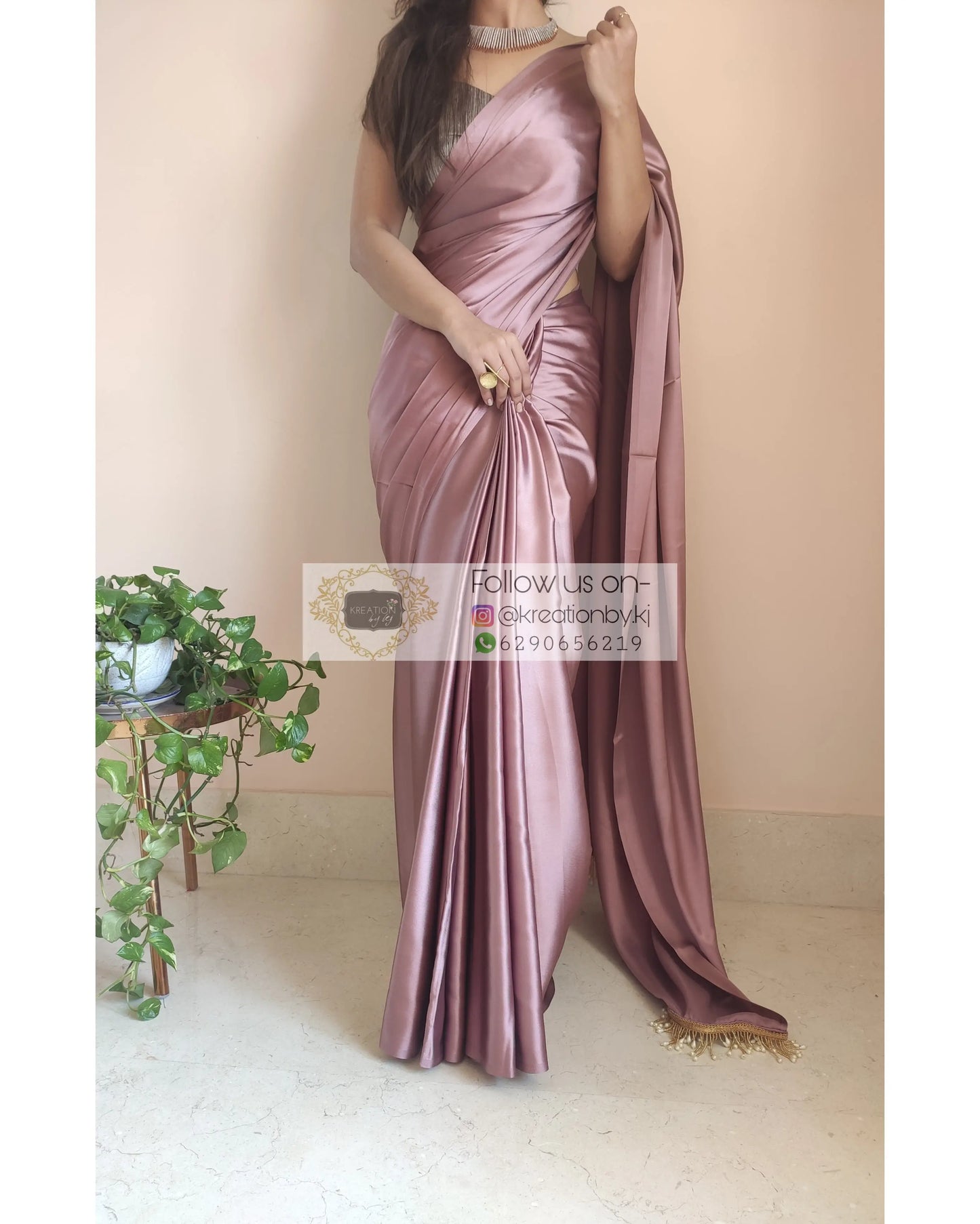 Rose Gold Satin Silk Saree With Handmade Tassels On Pallu - kreationbykj