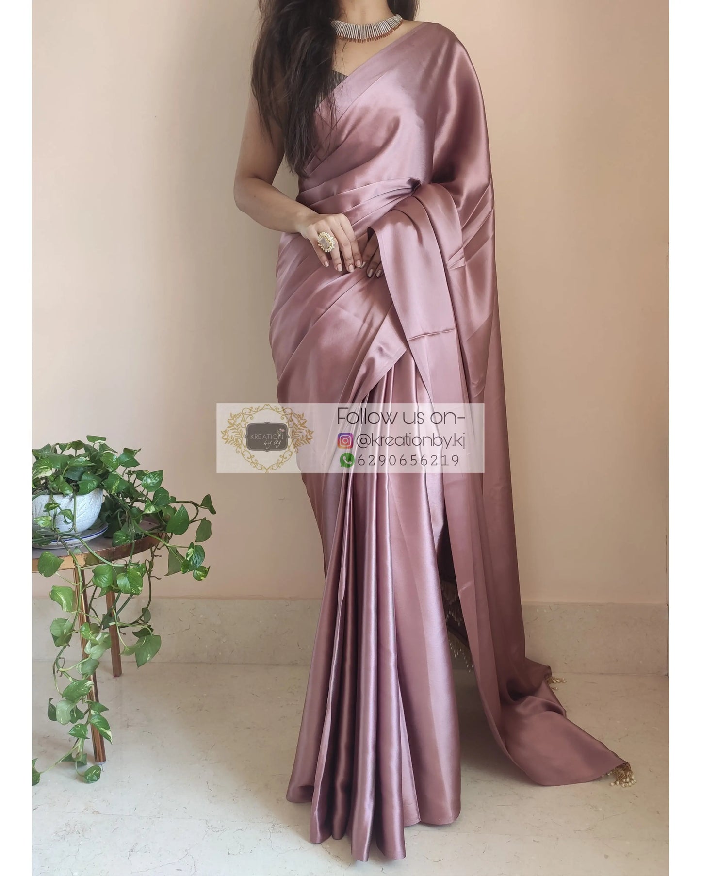 Rose Gold Satin Silk Saree With Handmade Tassels On Pallu - kreationbykj