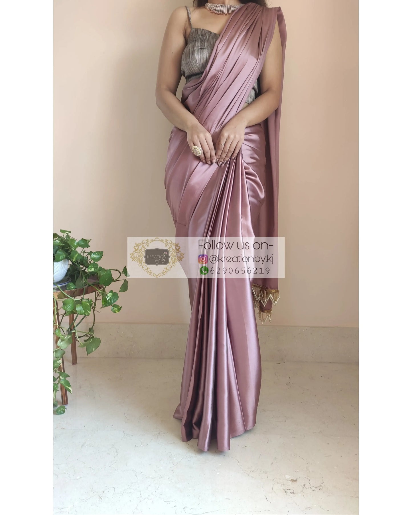 Rose Gold Satin Silk Saree With Handmade Tassels On Pallu - kreationbykj