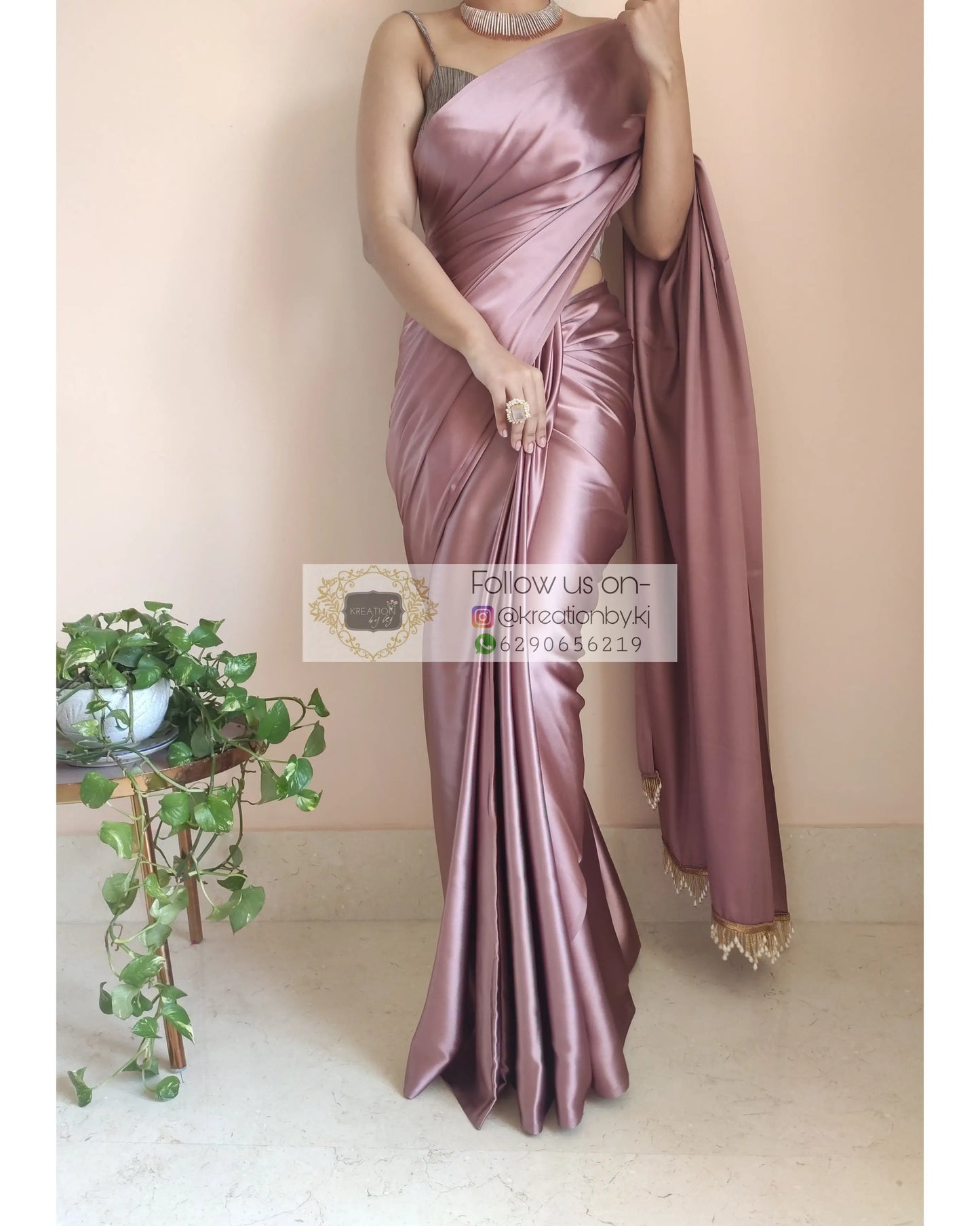 Rose Gold Satin Silk Saree With Handmade Tassels On Pallu - kreationbykj