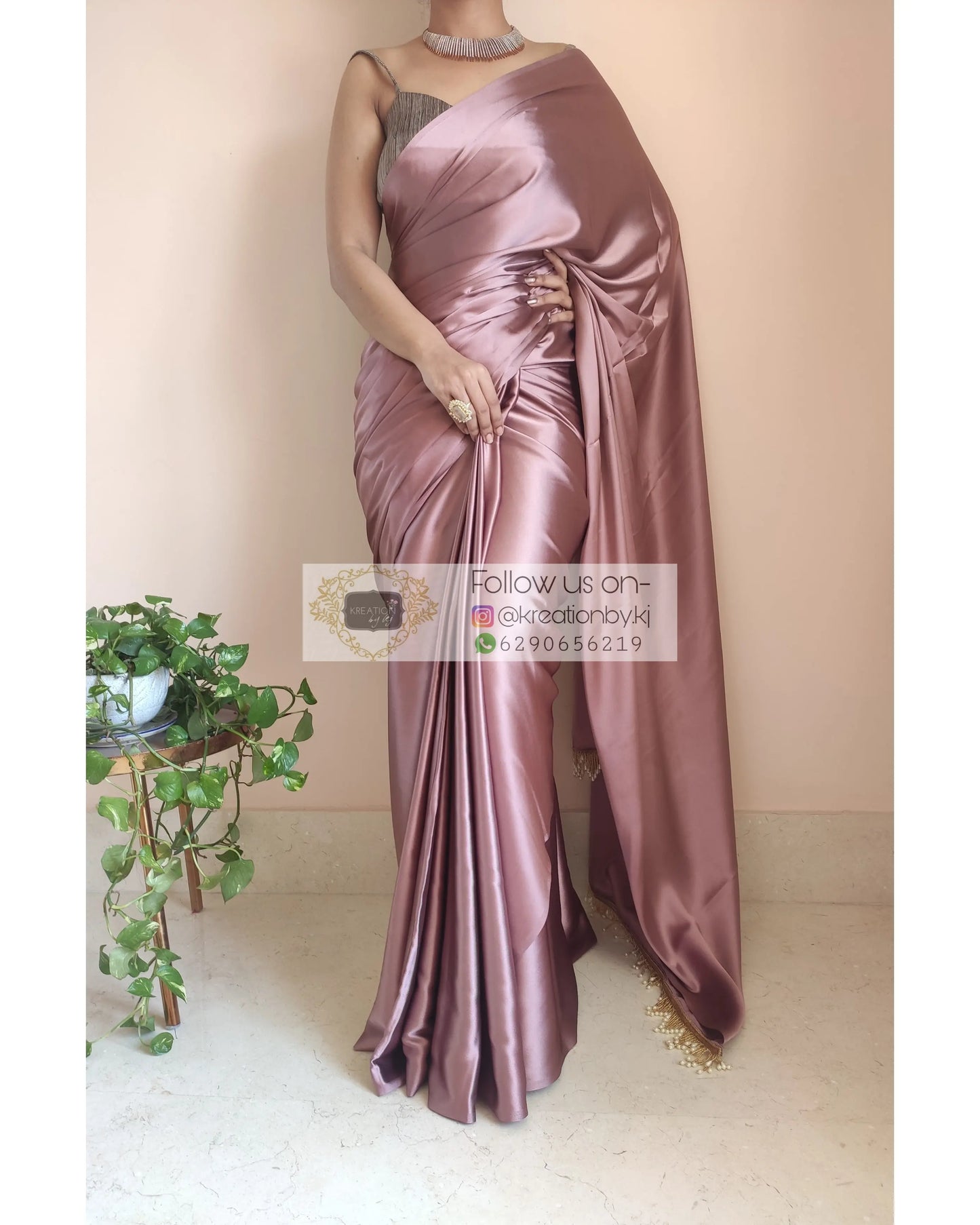Rose Gold Satin Silk Saree With Handmade Tassels On Pallu - kreationbykj