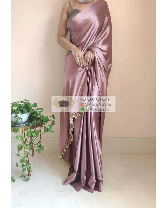 One Minute Rose Gold Satin Silk Saree With Handmade Tassels On Pallu - kreationbykj