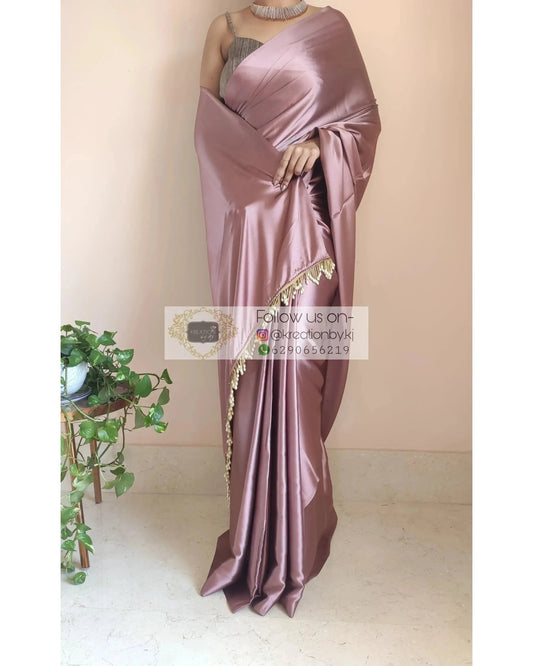Rose Gold Satin Silk Saree With Handmade Tassels On Pallu - kreationbykj