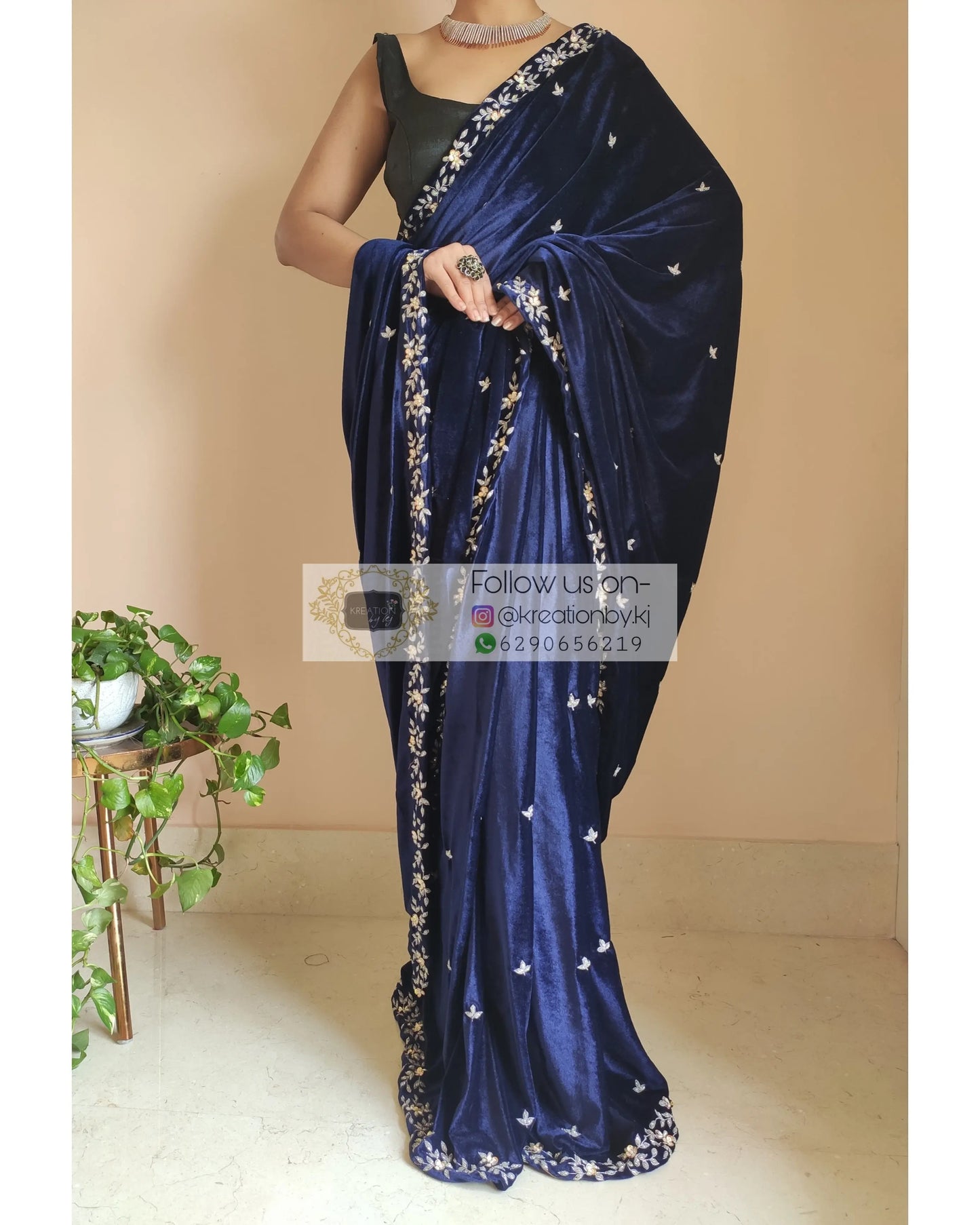 Navy Blue Velvet Chandani Saree - kreationbykj