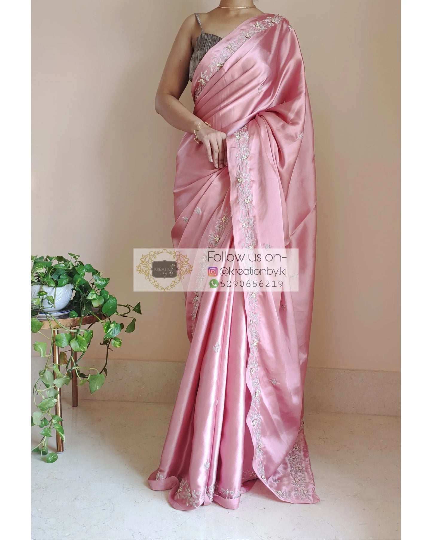Old Rose Satin Silk Chandani Saree - kreationbykj