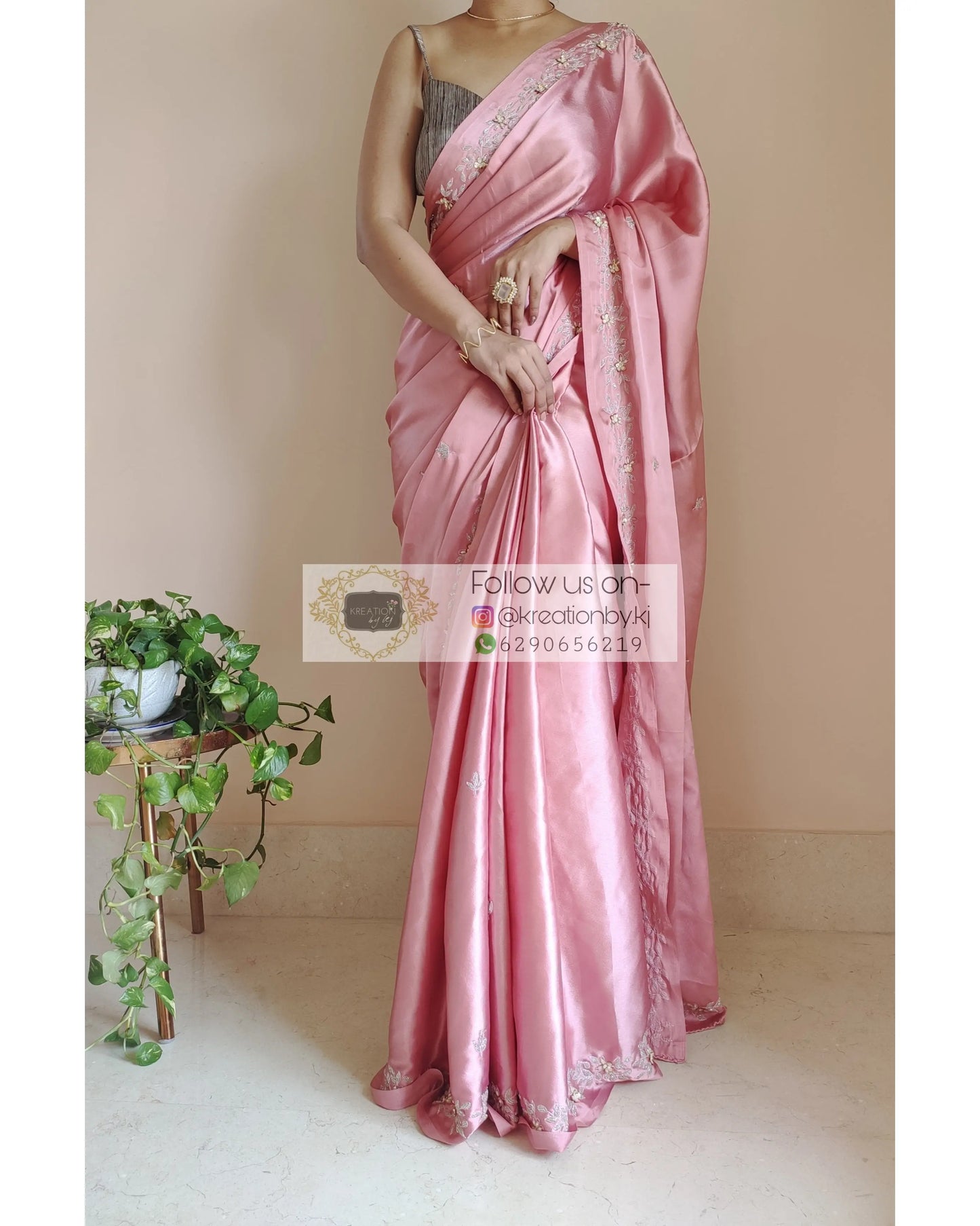 Old Rose Satin Silk Chandani Saree - kreationbykj