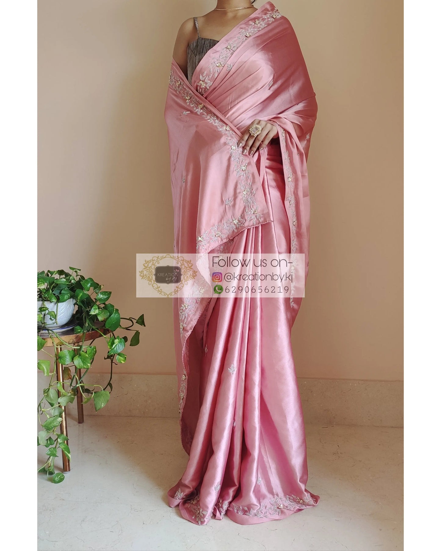 Old Rose Satin Silk Chandani Saree - kreationbykj