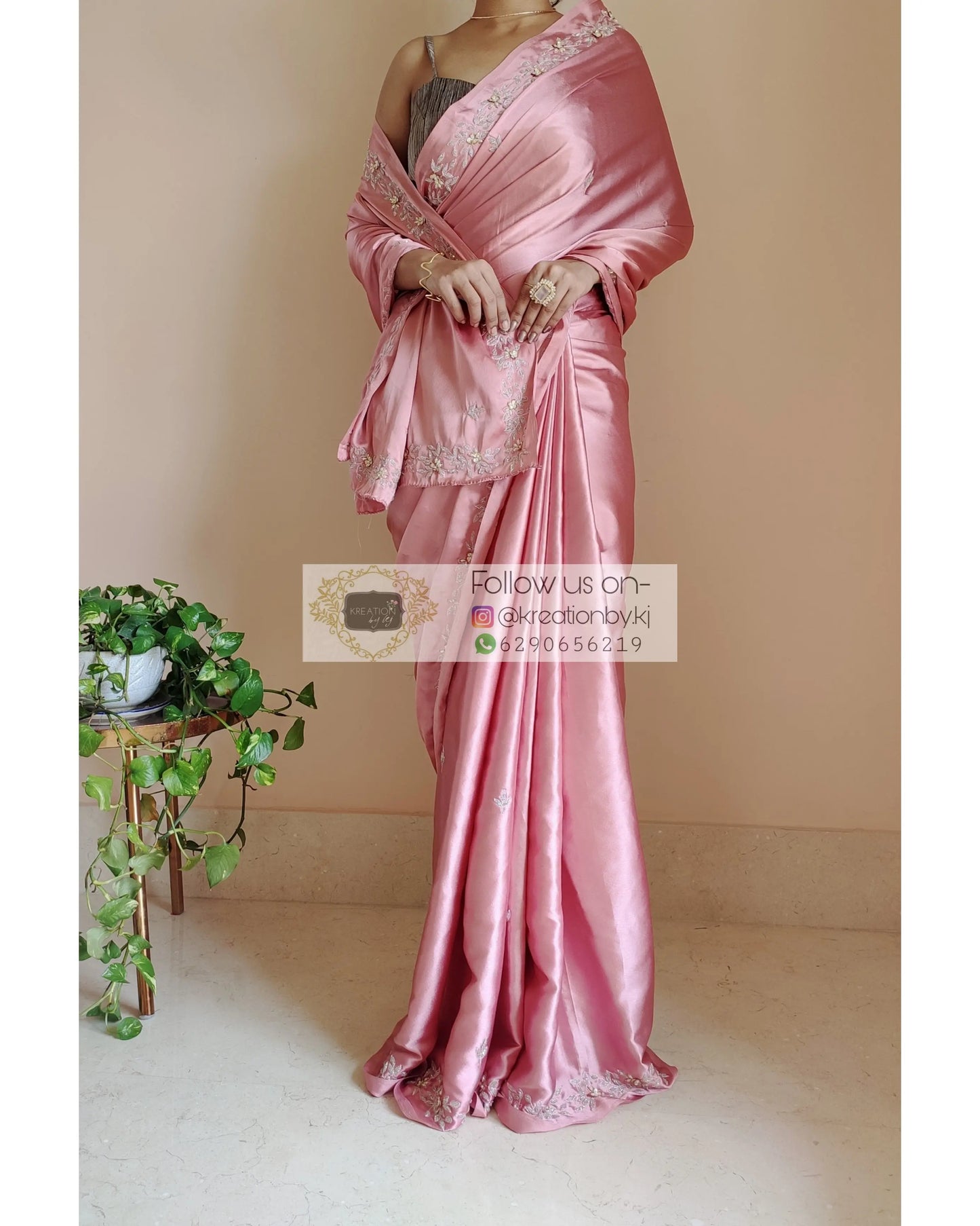 Old Rose Satin Silk Chandani Saree - kreationbykj