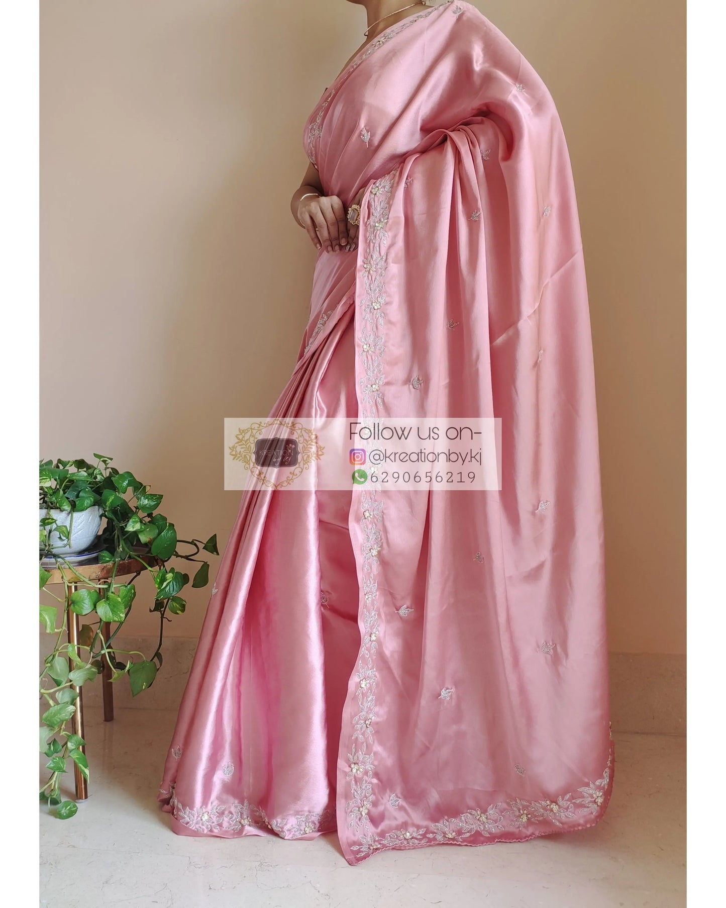 Old Rose Satin Silk Chandani Saree - kreationbykj