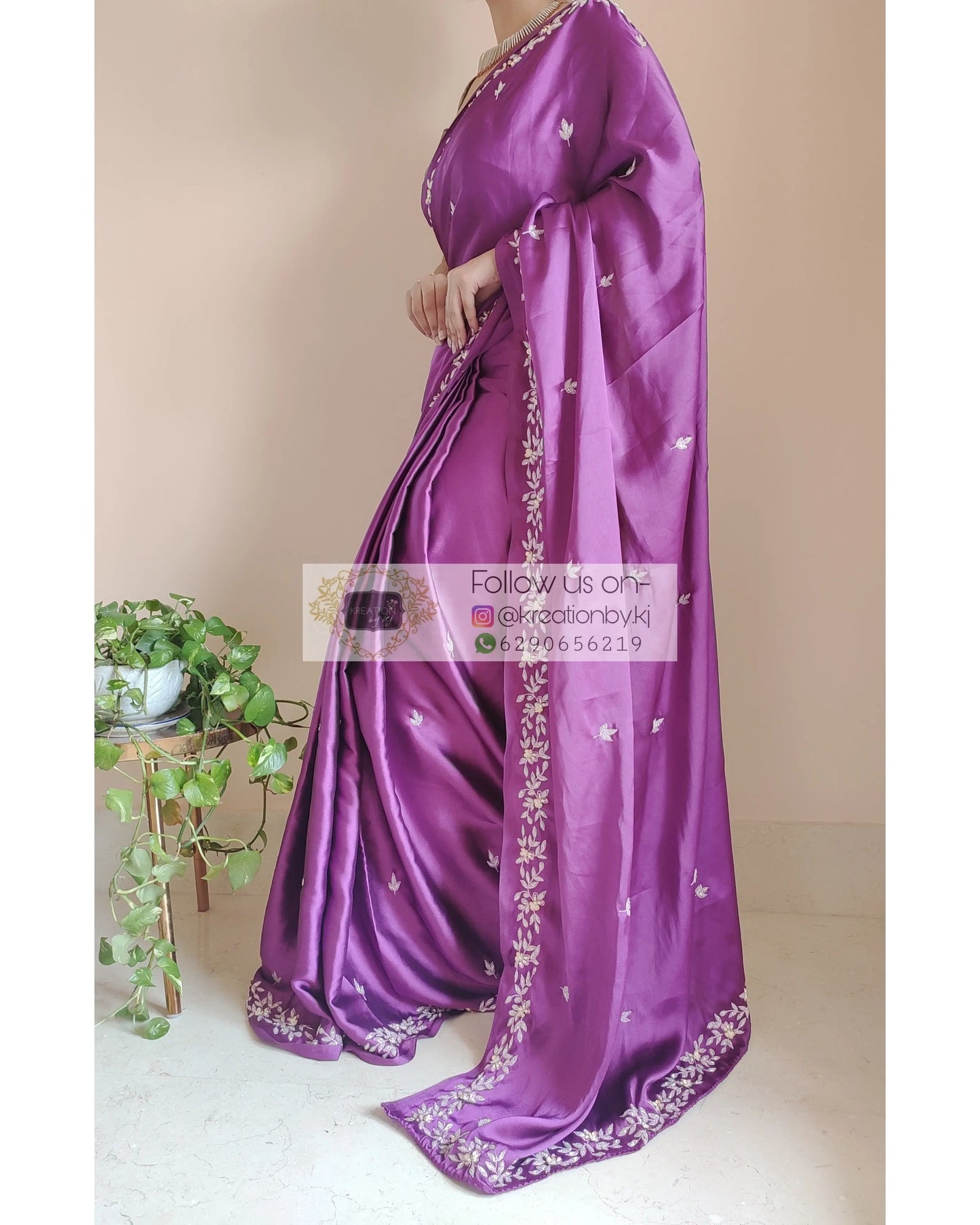 Dark Purple Satin Silk Chandani Saree - kreationbykj