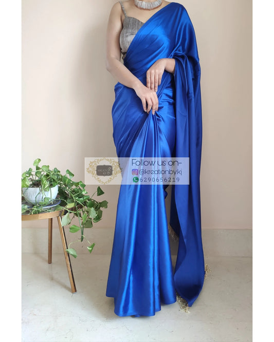 Royal Blue Satin Silk Saree With Handmade Tassels On Pallu - kreationbykj