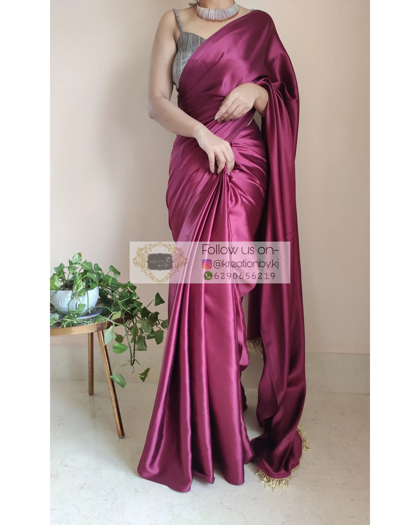 Sangria Satin Silk Saree With Handmade Tassels On Palllu - kreationbykj