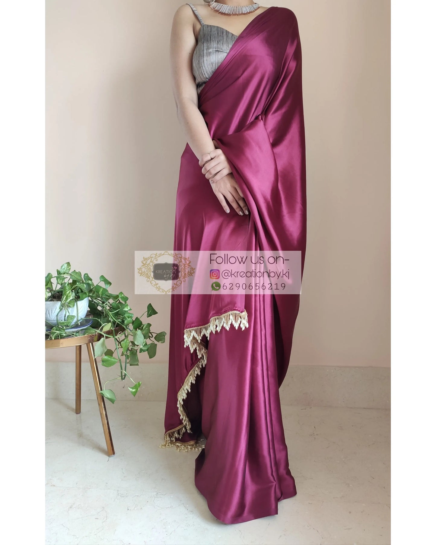 Sangria Satin Silk Saree With Handmade Tassels On Palllu - kreationbykj