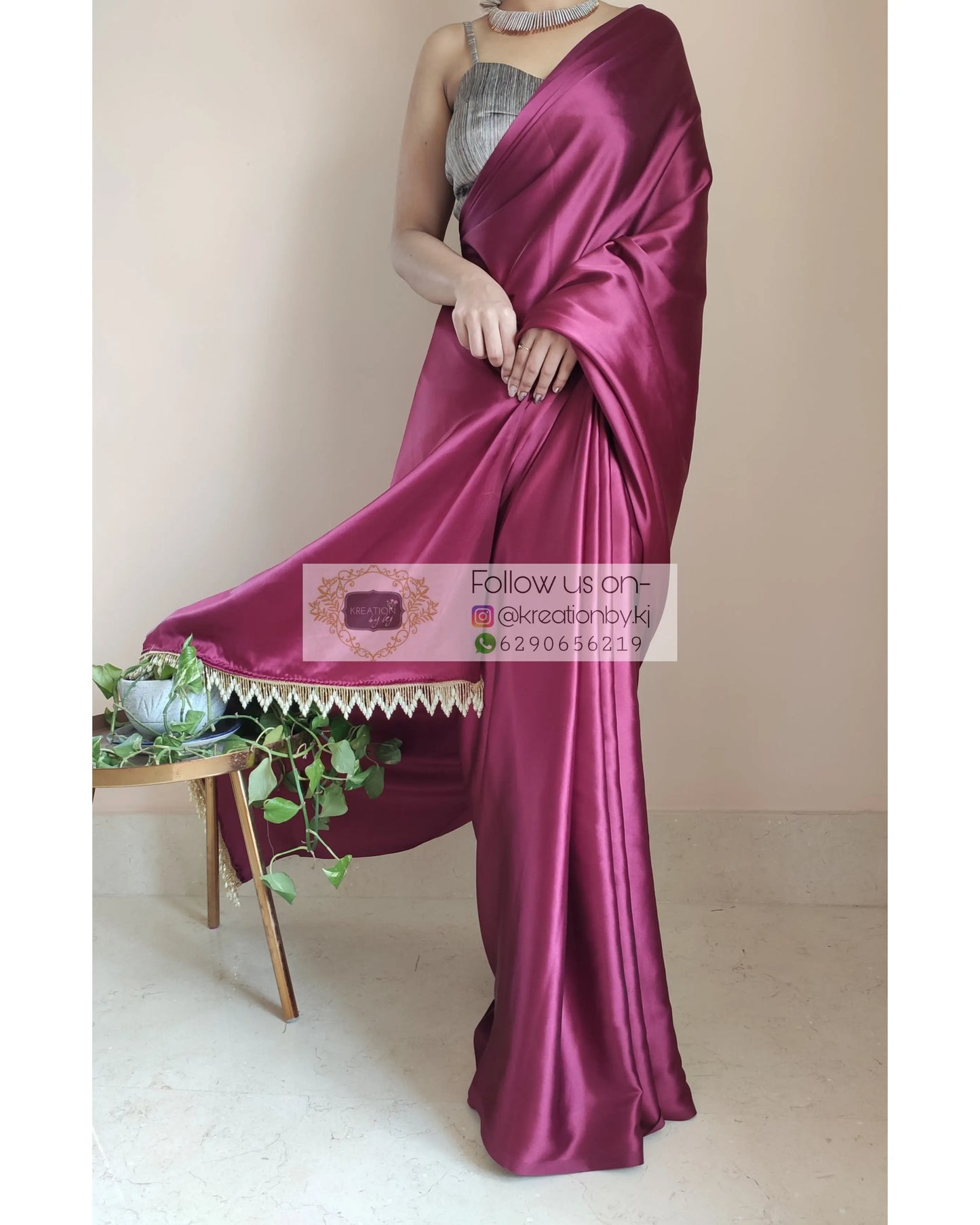 Sangria Satin Silk Saree With Handmade Tassels On Palllu - kreationbykj