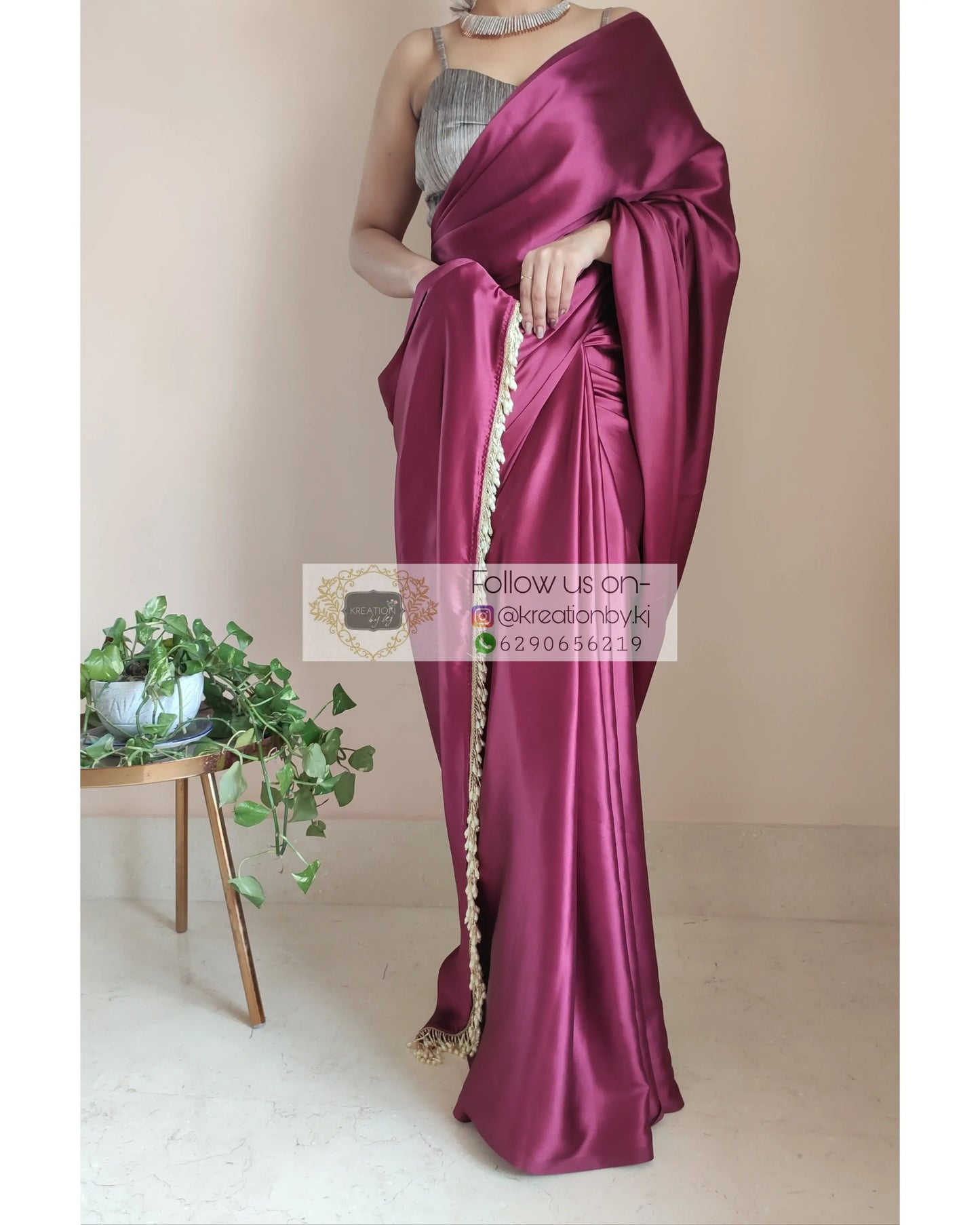 Sangria Satin Silk Saree With Handmade Tassels On Palllu - kreationbykj