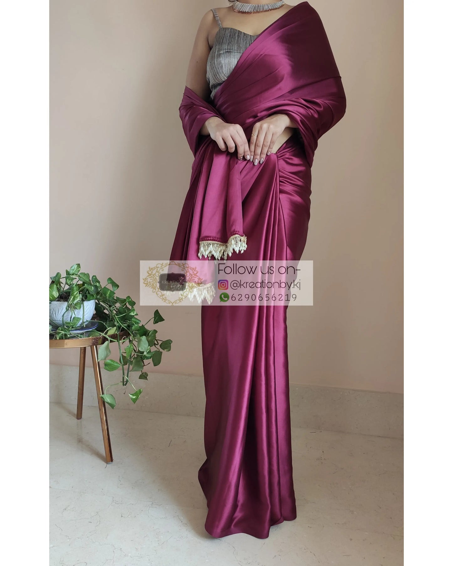Sangria Satin Silk Saree With Handmade Tassels On Palllu - kreationbykj