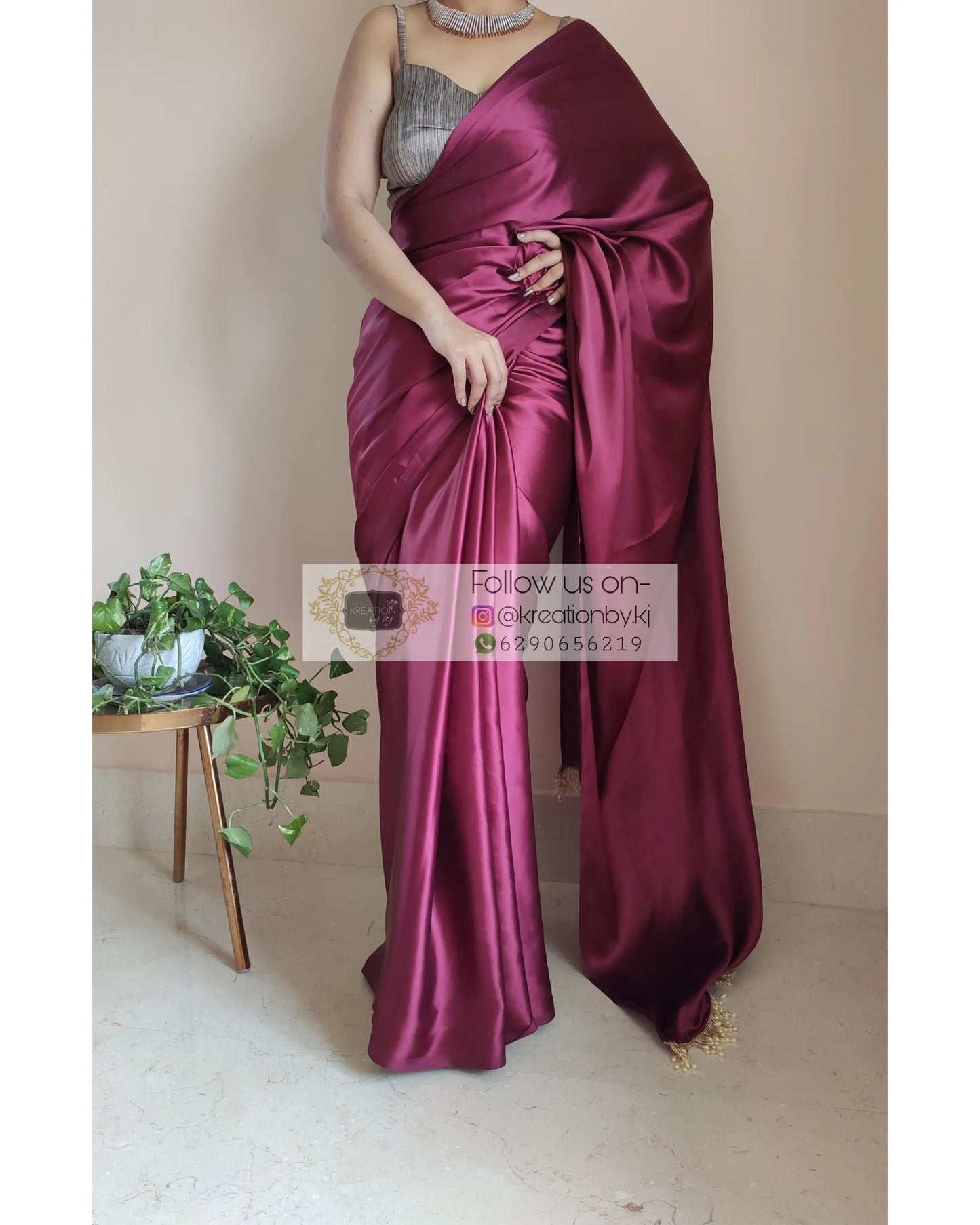 Sangria Satin Silk Saree With Handmade Tassels On Palllu - kreationbykj