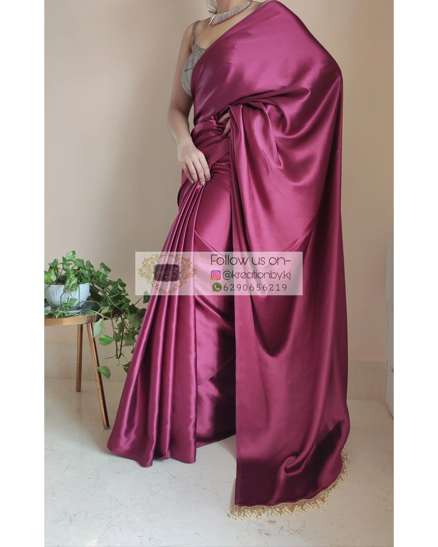Sangria Satin Silk Saree With Handmade Tassels On Palllu - kreationbykj