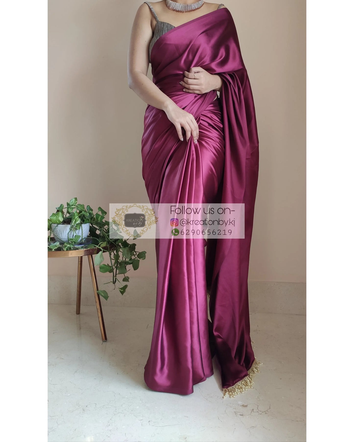 Sangria Satin Silk Saree With Handmade Tassels On Palllu - kreationbykj