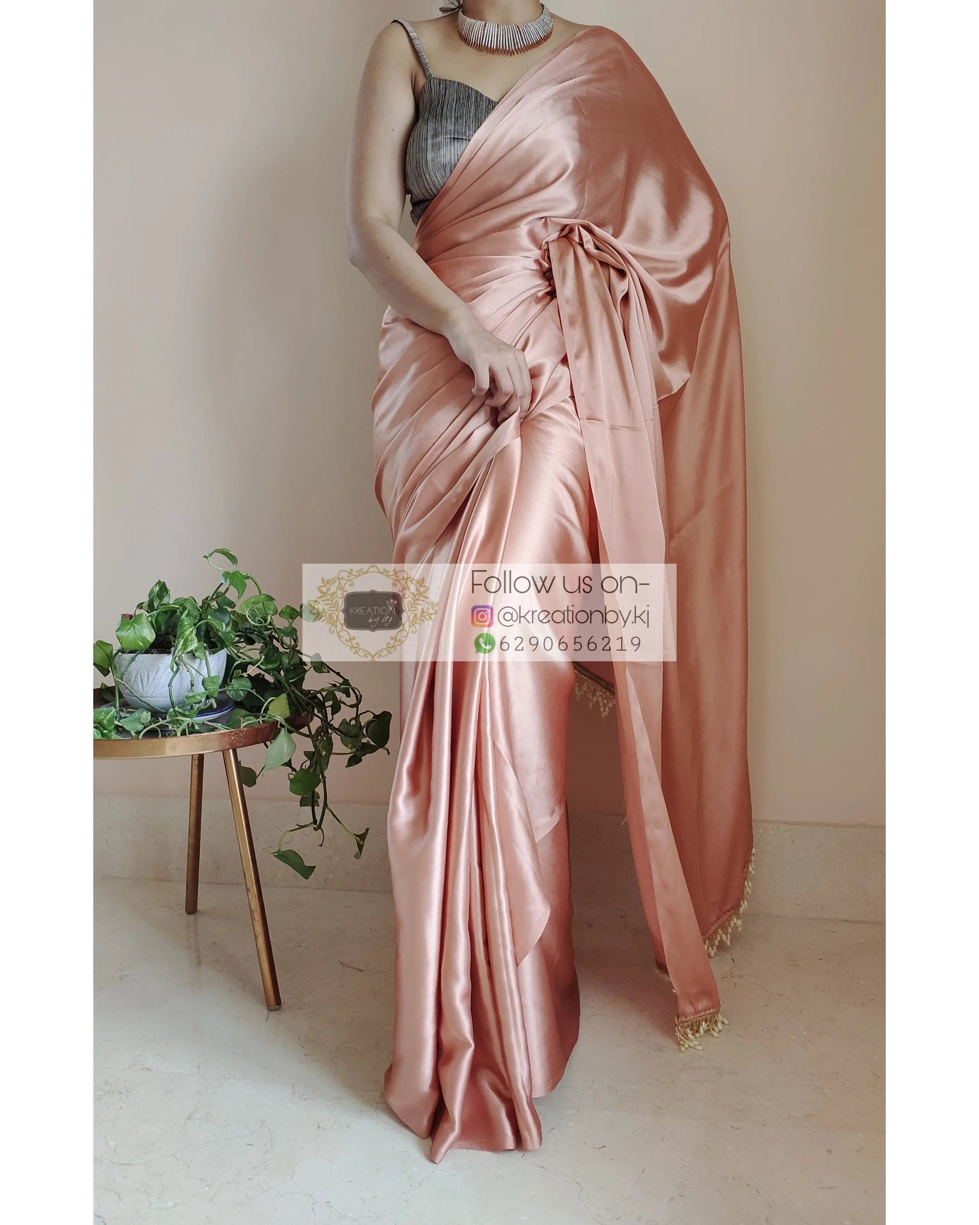 Caramel Satin Silk Saree With Handmade Tassels On Pallu - kreationbykj