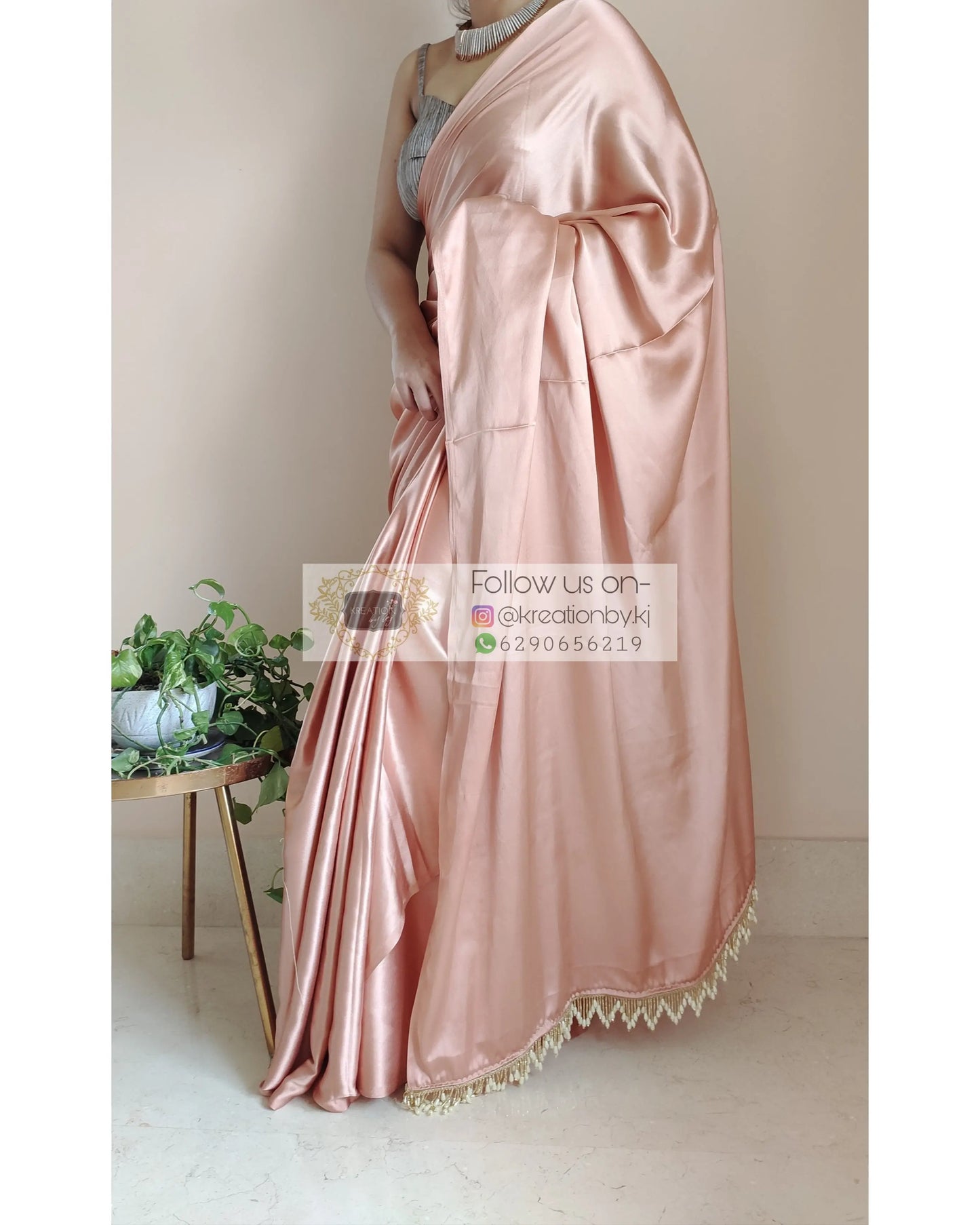 Caramel Satin Silk Saree With Handmade Tassels On Pallu - kreationbykj